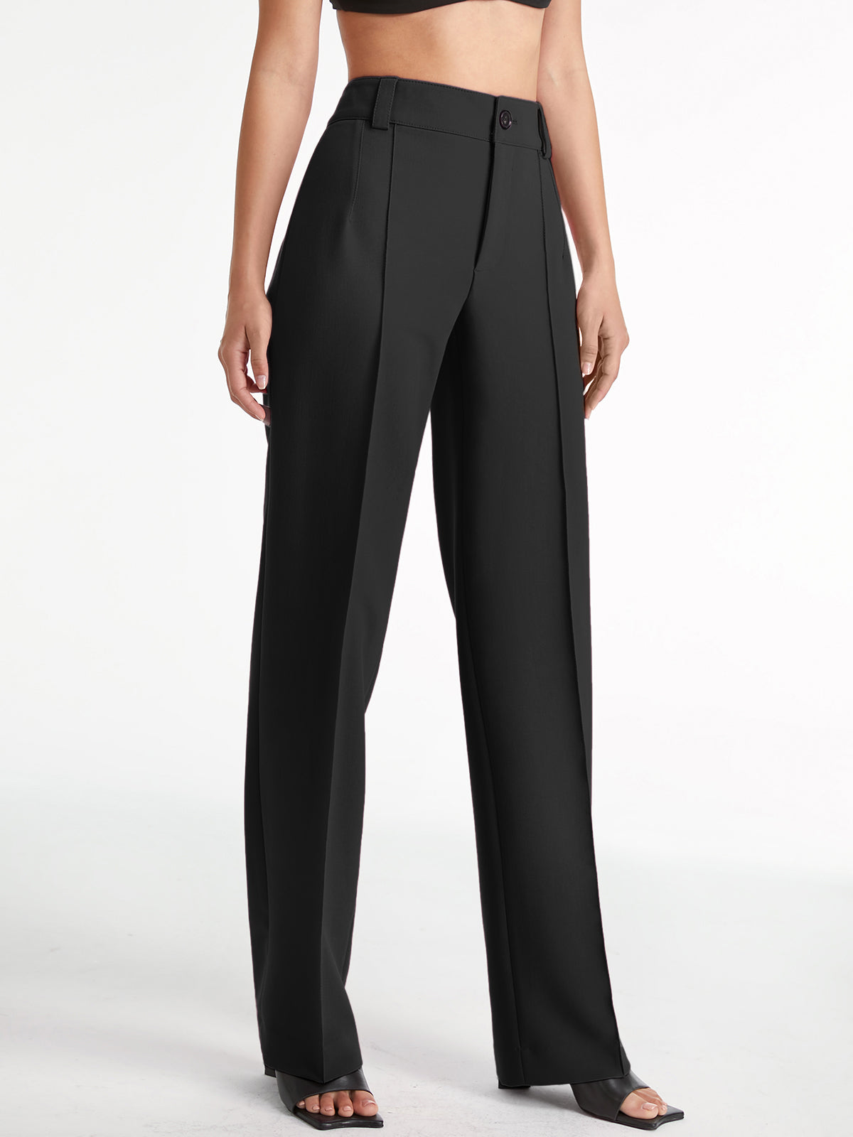 High Waisted Pleat Front Solid Colored Straight Leg Trousers