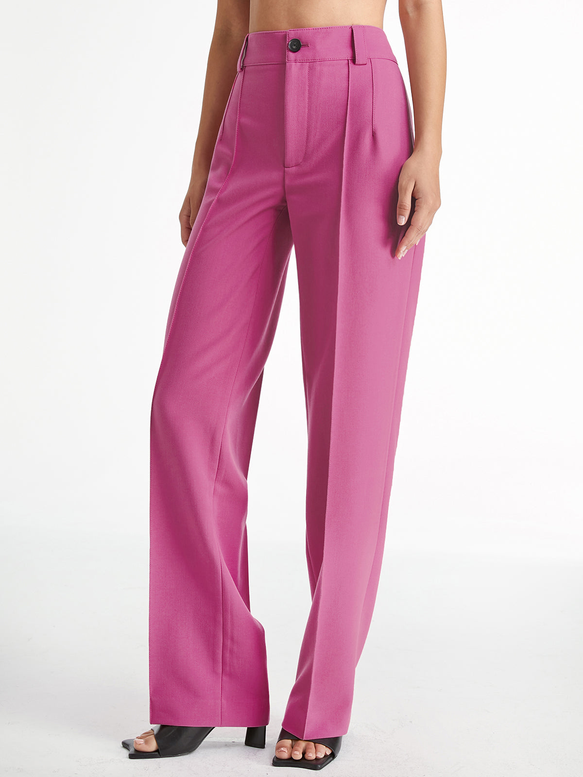 High Waisted Pleat Front Solid Colored Straight Leg Trousers