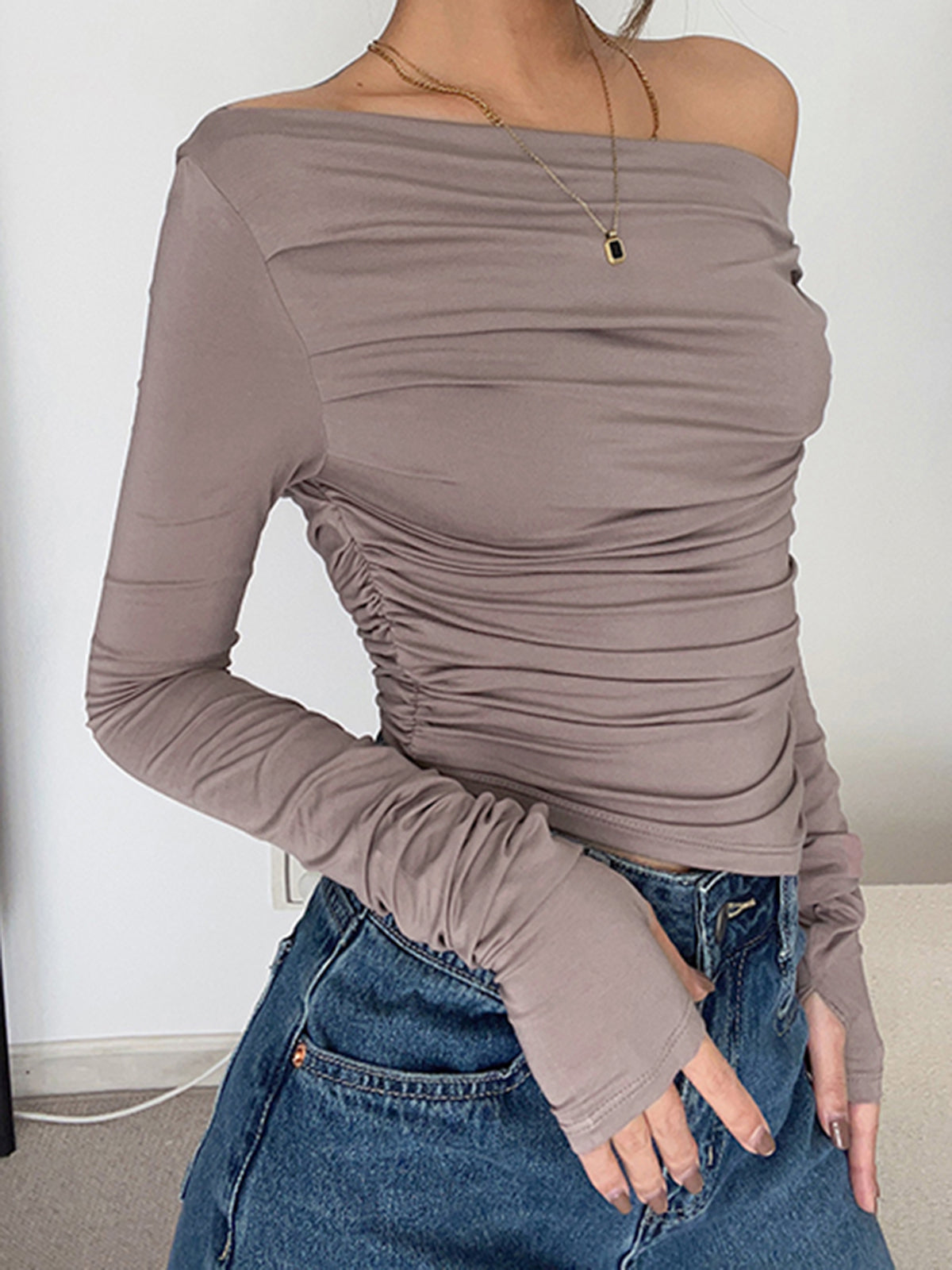 Asymmetrical Off Shoulder Long Sleeve Shirt