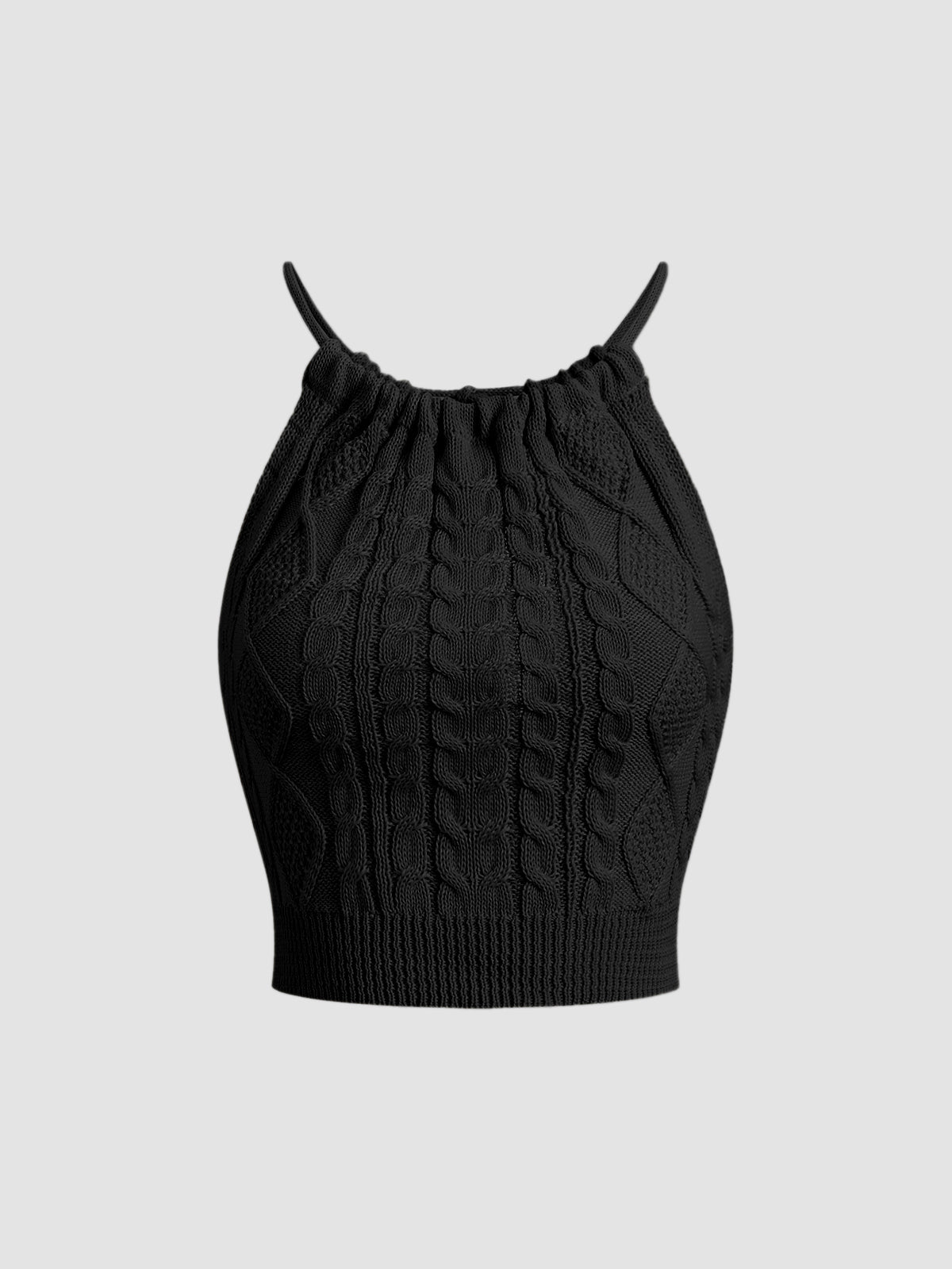 Drawstring Open Back Cable Knit Halter Crop Top