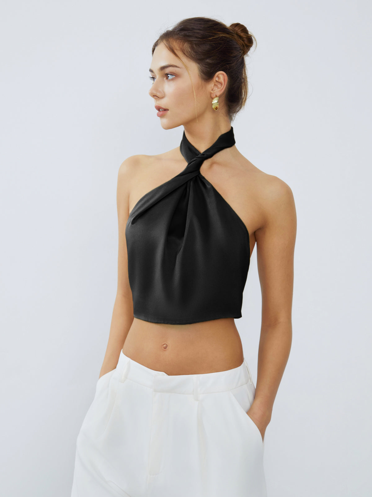 Halter Neck Twist Open Back Satin Crop Top