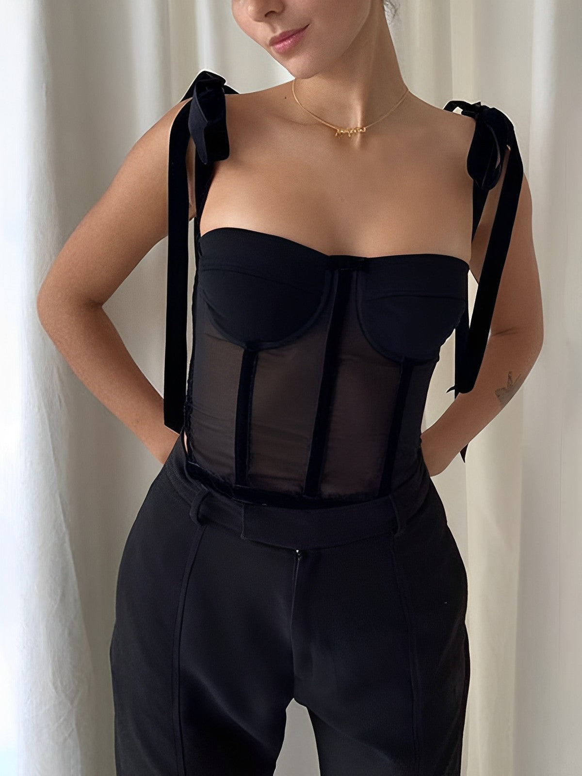 Tied Mesh Corset Crop Top