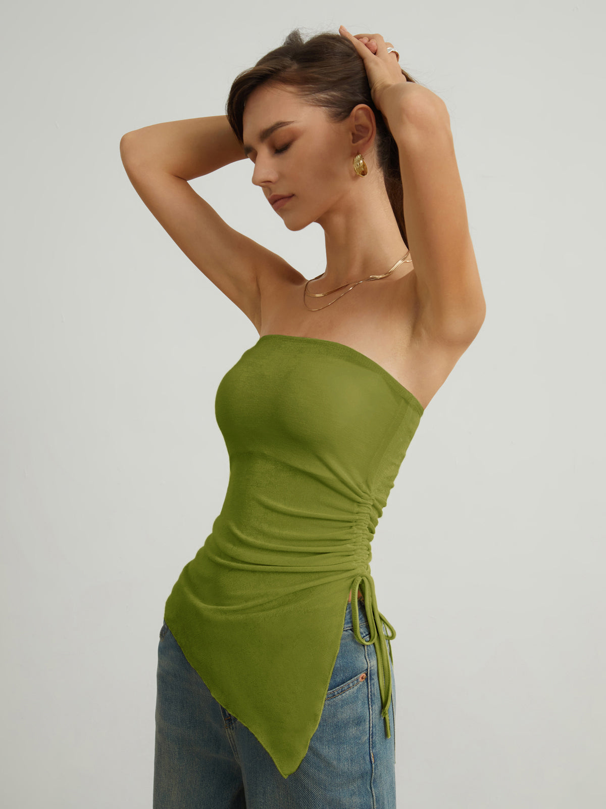 Oblique Drawstring Mesh Cover Up Tube Top