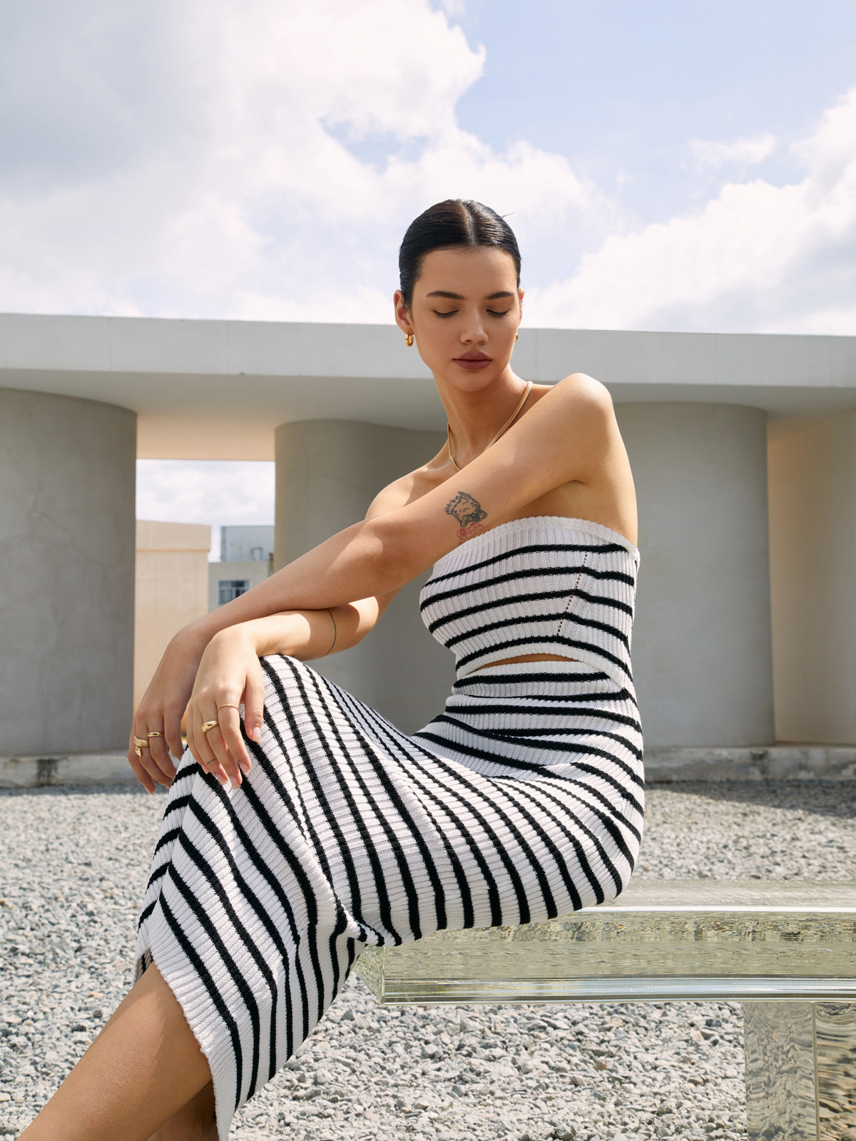 Stripe Cutout Rib Midi Tube Dress