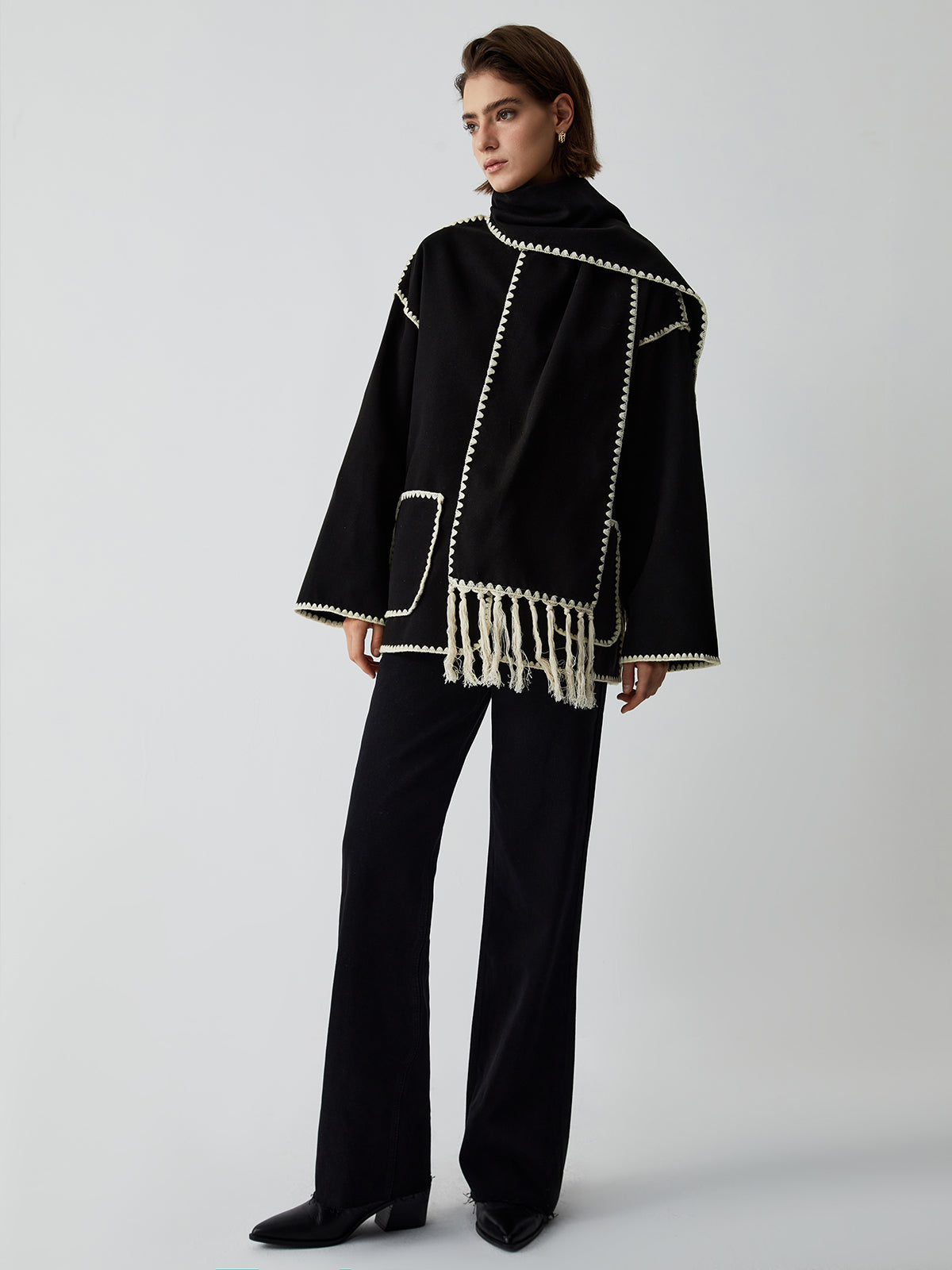 Contrast Trim Jacket With Matching Scarf