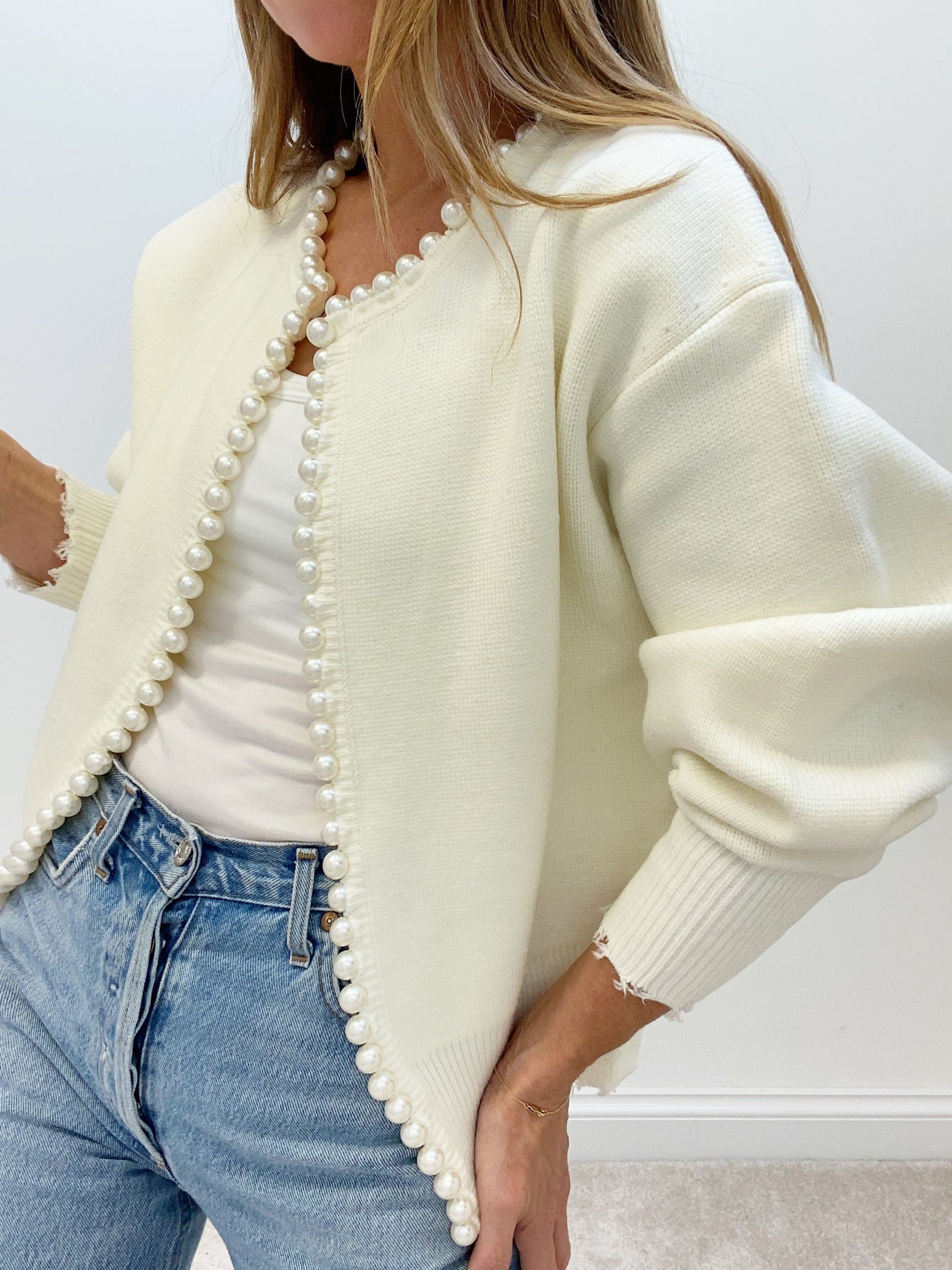 Pearl Trim Ripped Hem Cardigan