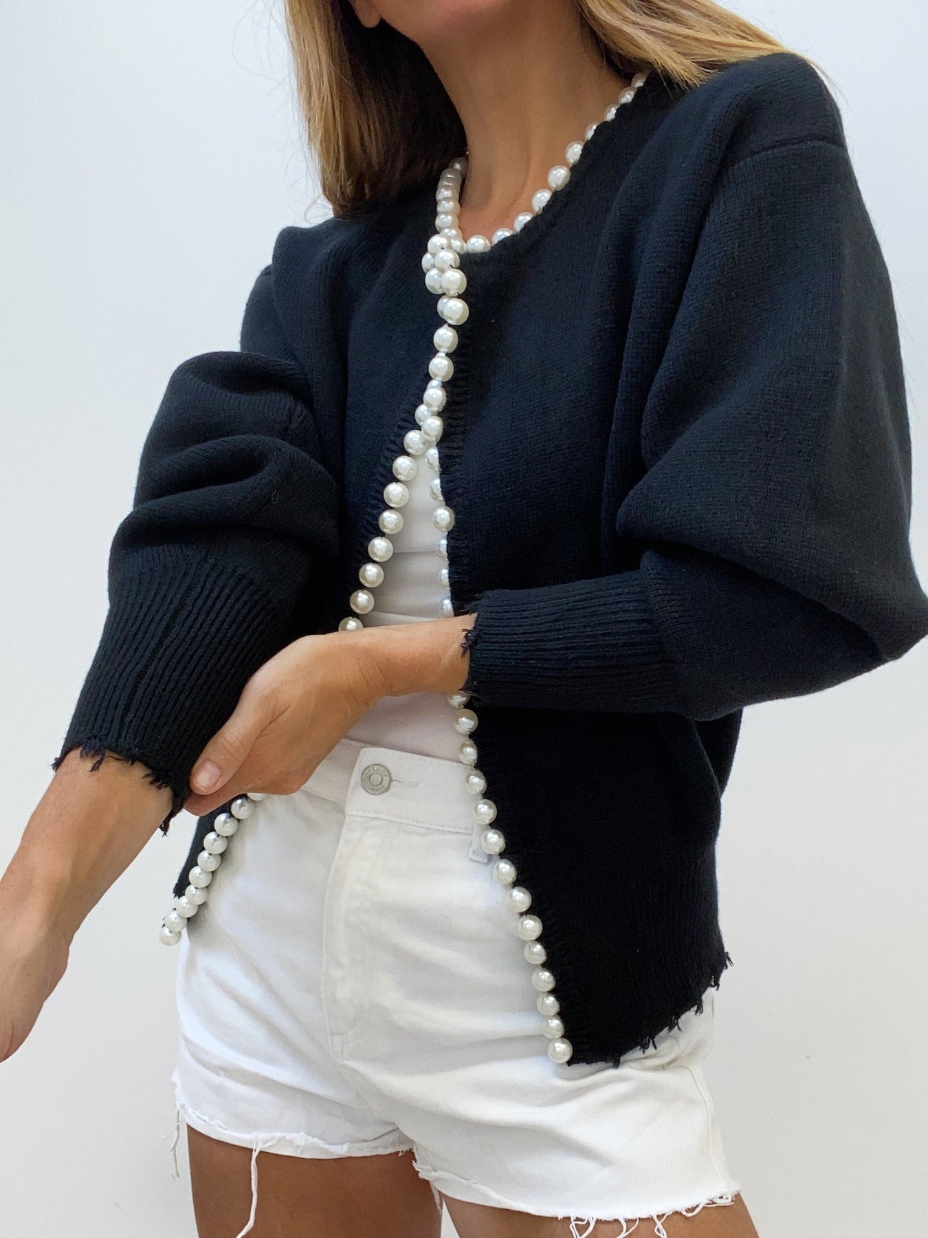 Pearl Trim Ripped Hem Cardigan