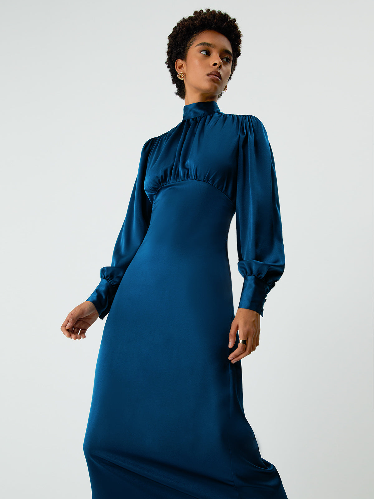 Satin Mock Neck Tie Back Long Sleeve Midi Dress