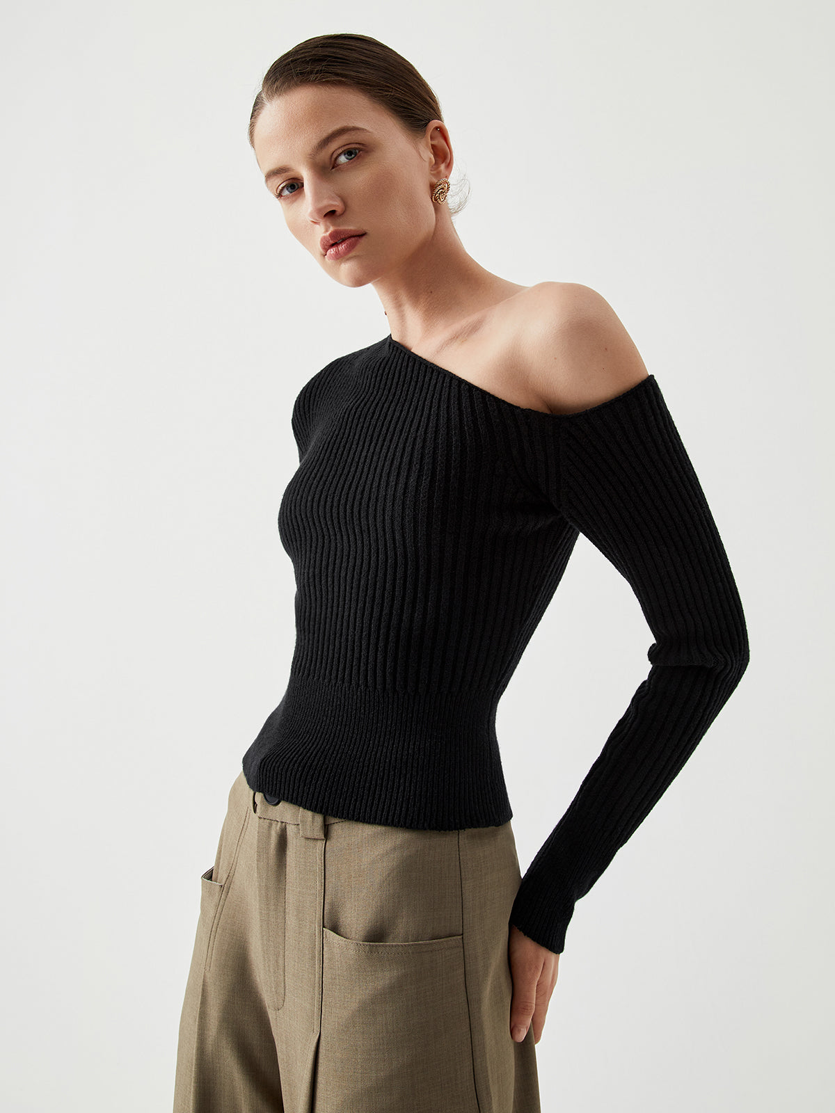 One Shoulder Long Sleeve Ribbed Pullover Sweater