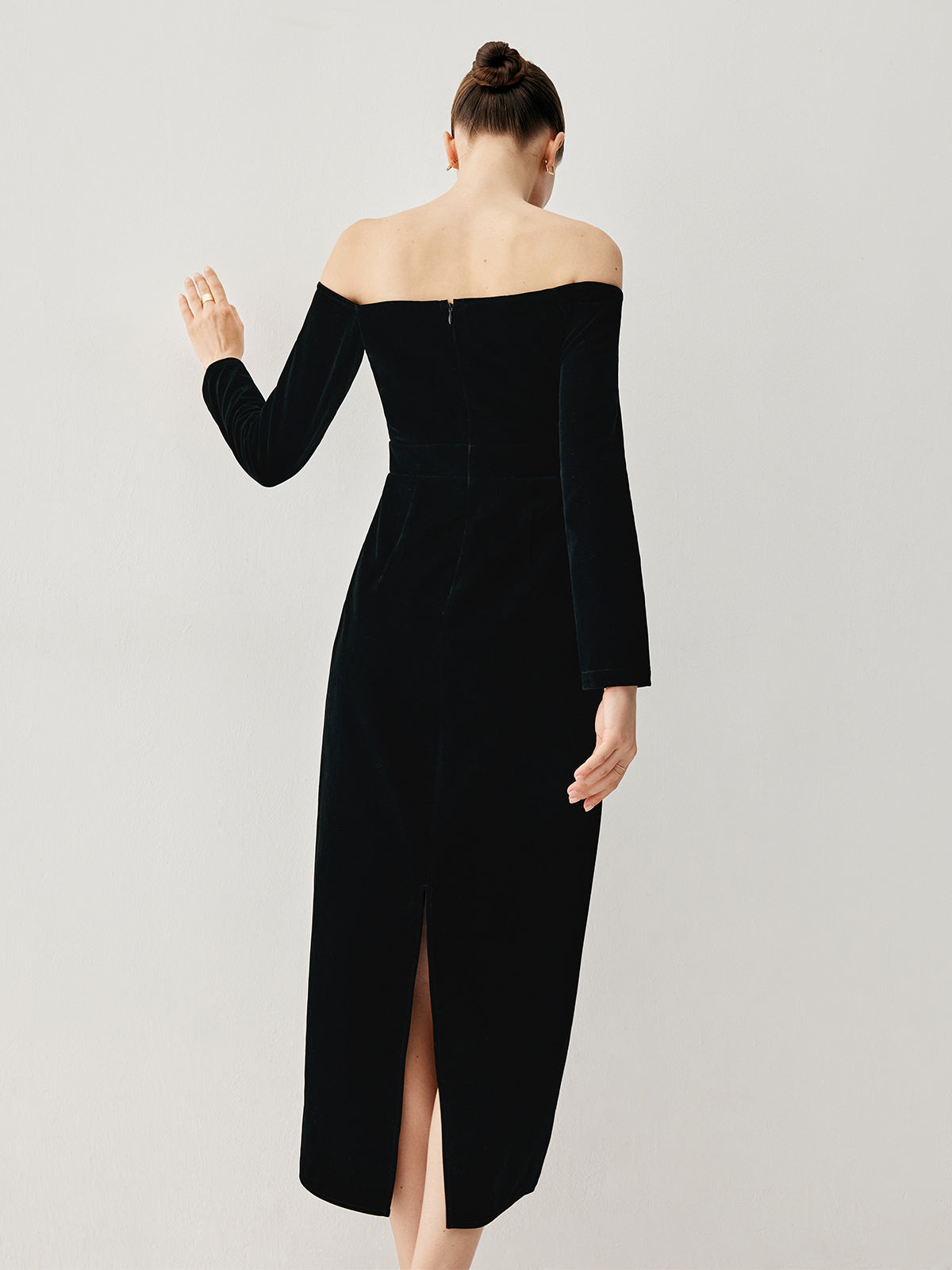 Velvet Off-shoulder Patchwork Slit Midi Dress