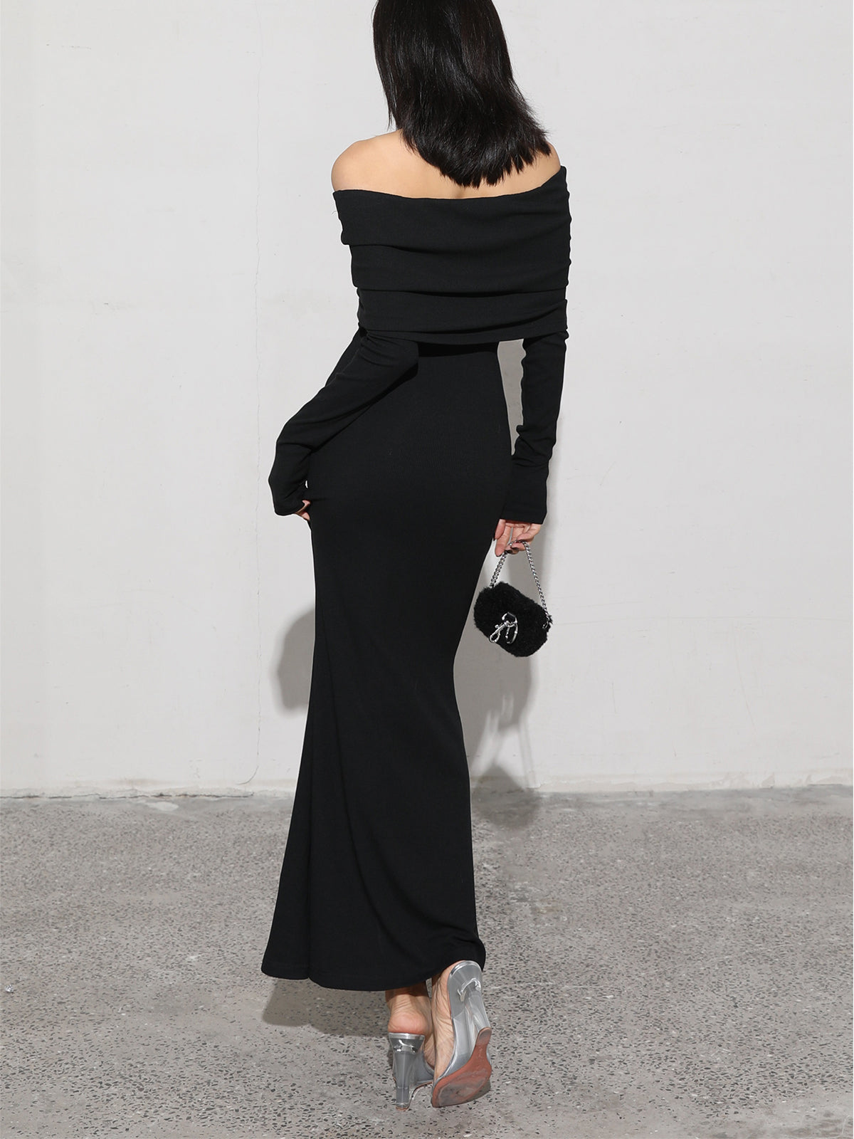 Charcoal Off Shoulder Overfold Long Sleeve Long Dress