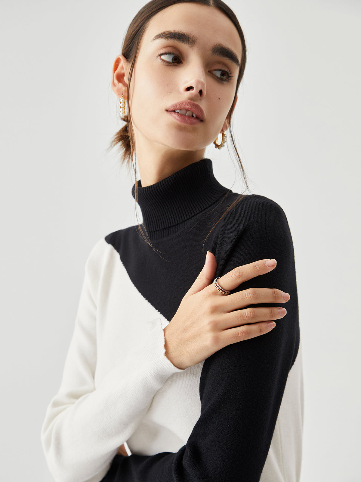 Asymmetric Patchwork Long Sleeve Mock Neck Knit Top