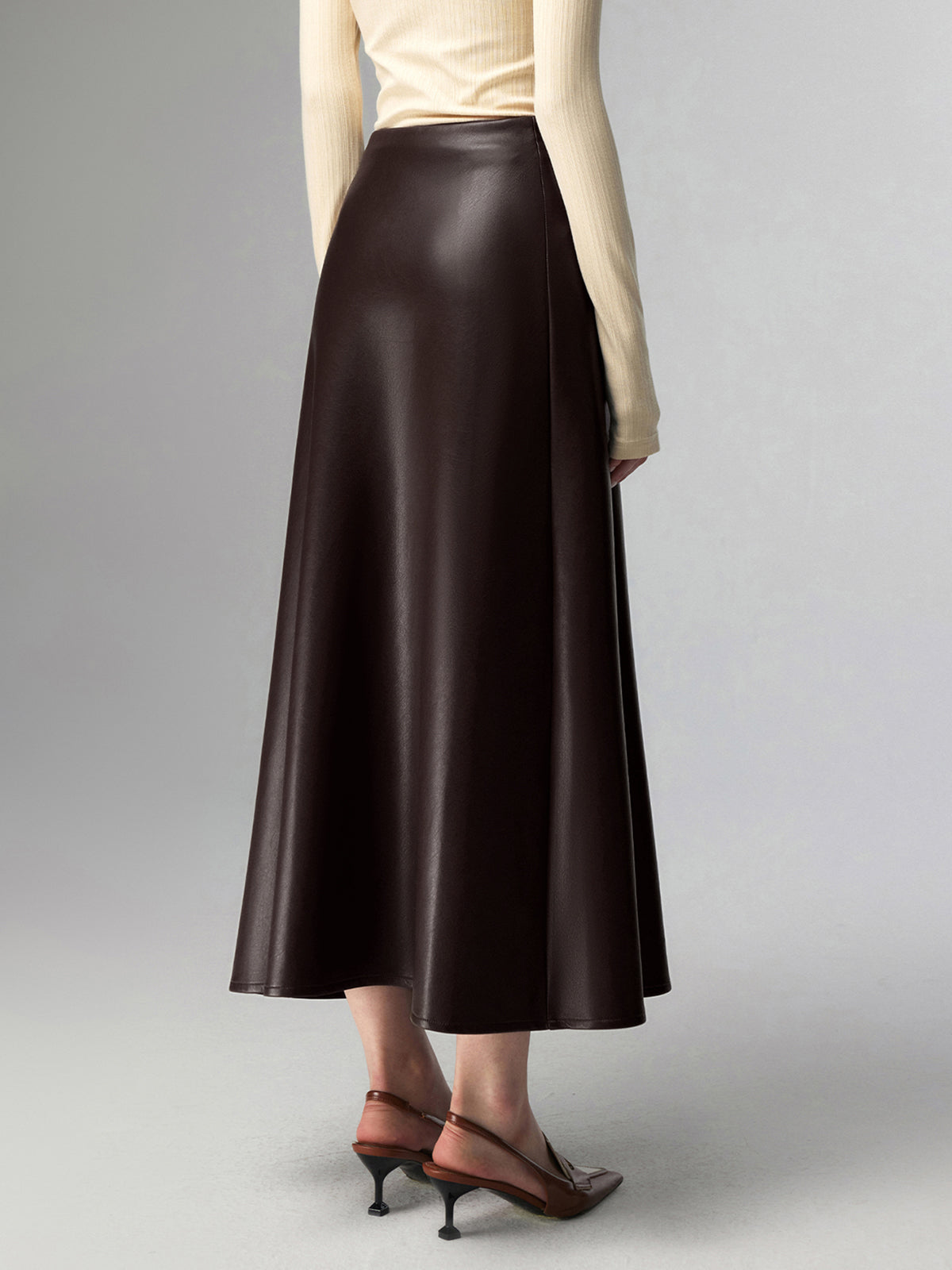 Pleated Faux Leather Midi Skirt