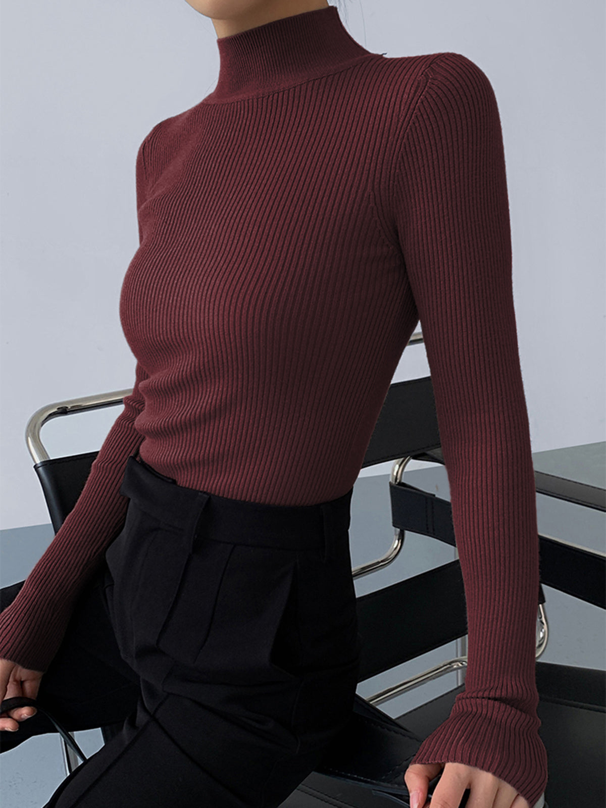 Mock Neck Rib Long Sleeve Knit Top