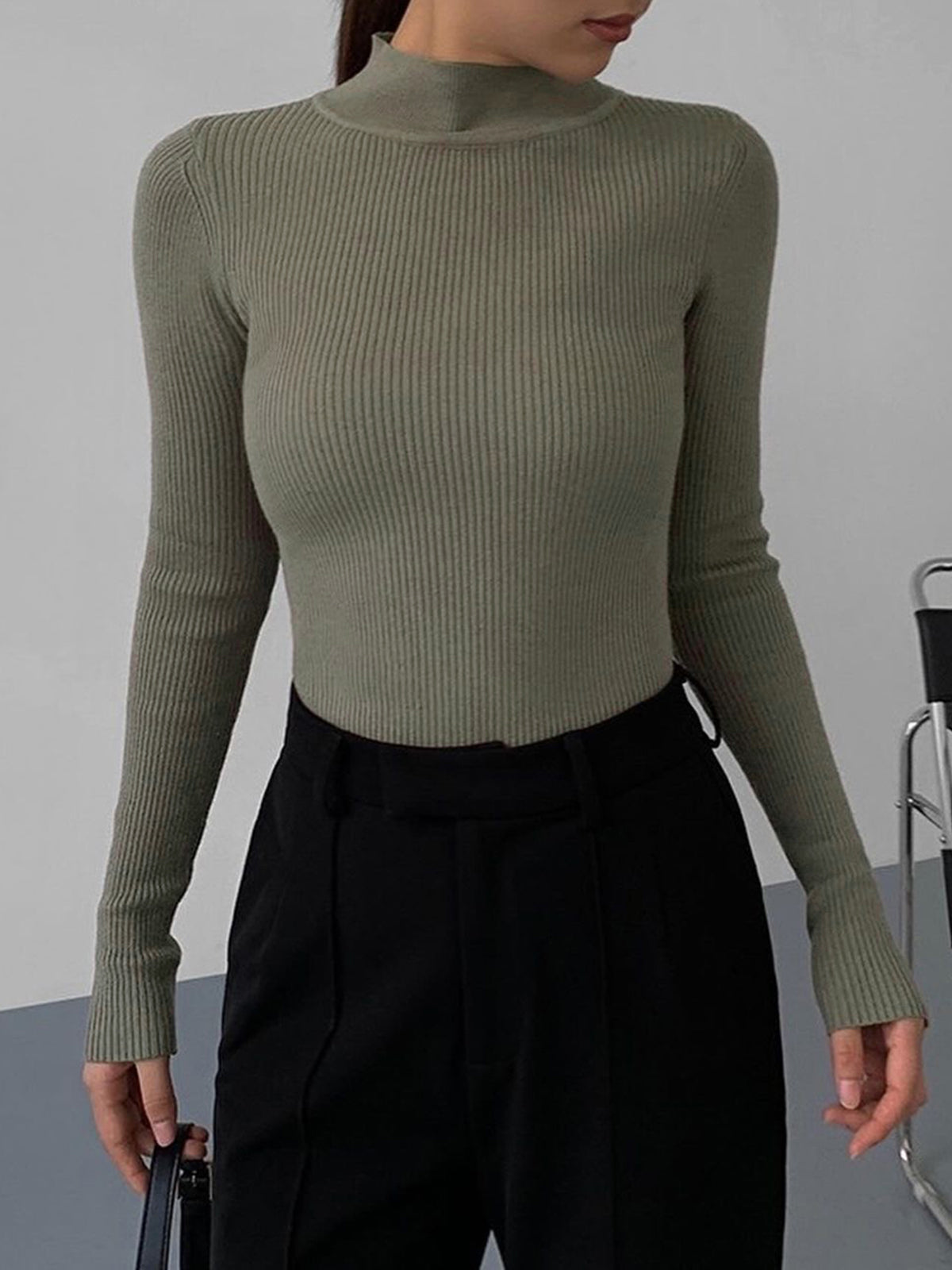 Mock Neck Rib Long Sleeve Knit Top