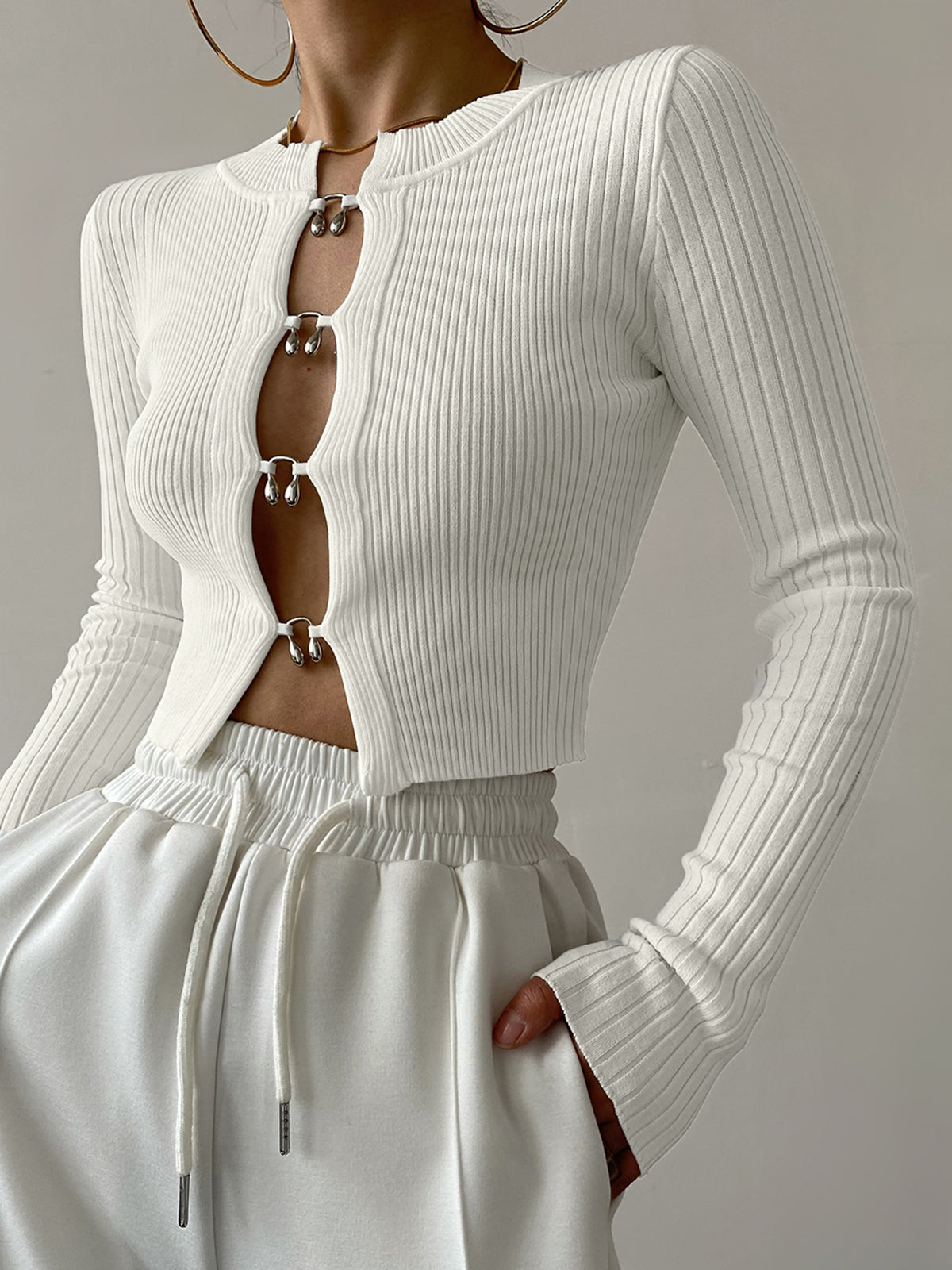 Cutout Split Beads Detail Ribbed Knit Top