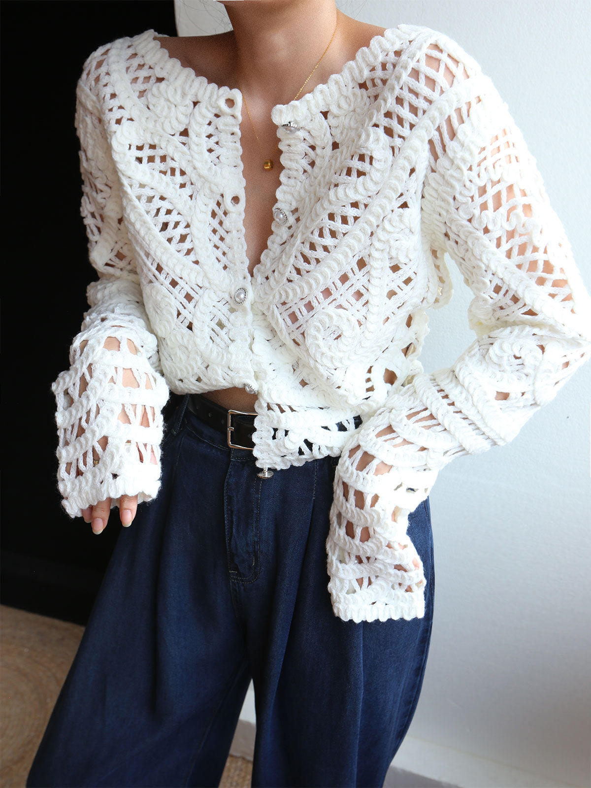 Crocheted Hollow Beaded Button Cardigan