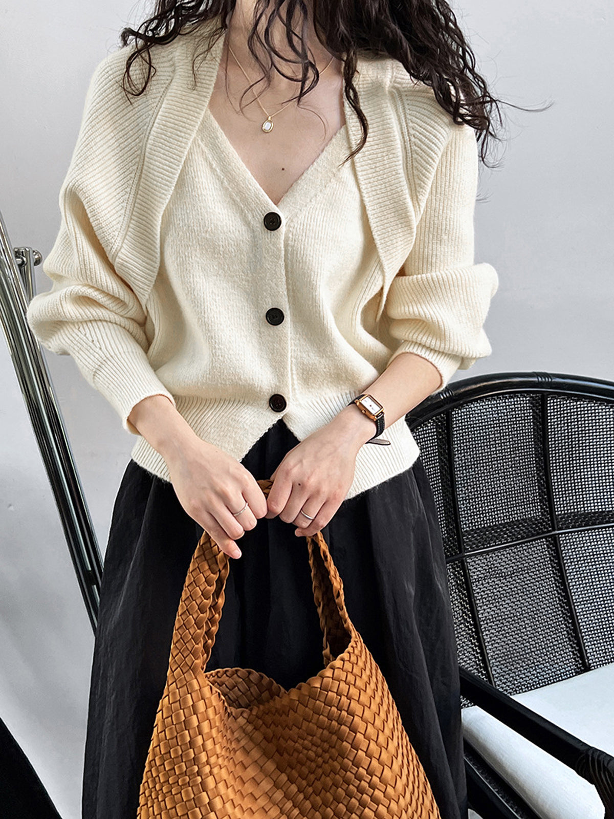 Patchwork V-neck Button Sweater