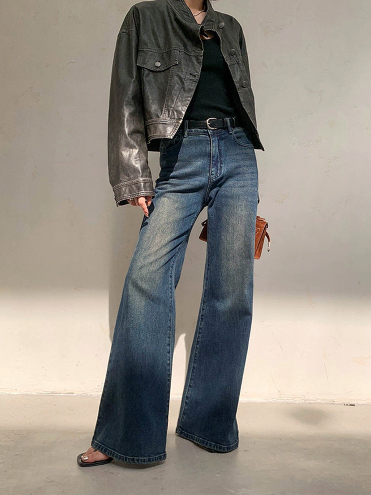 Vintage Denim Washed Wide Leg Jeans