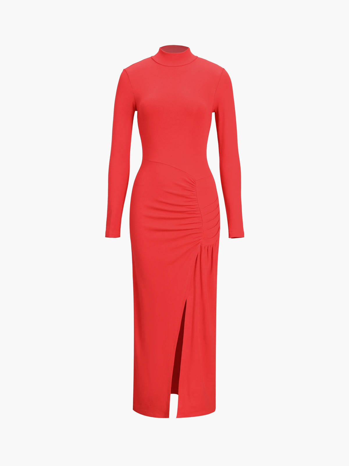 Slit Pleated Long Sleeve Bodycon Mock Neck Long Dress