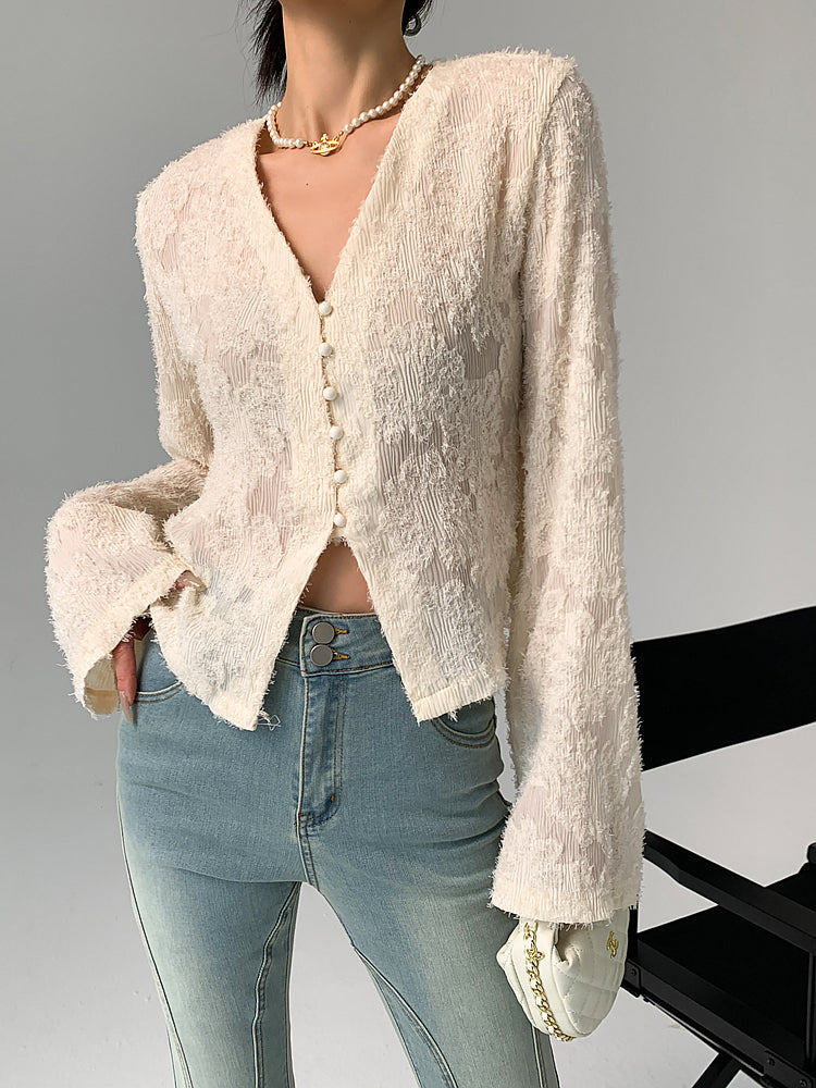 V-Neck Ruffle Long Sleeve Blouse