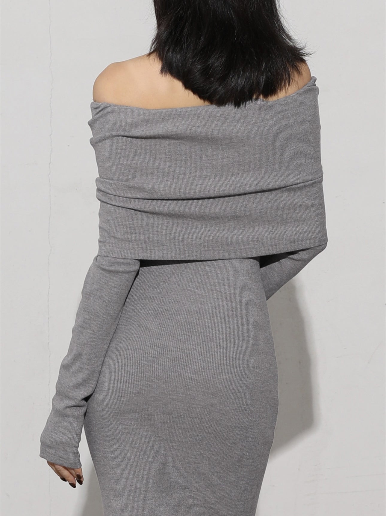 Charcoal Off Shoulder Overfold Long Sleeve Long Dress