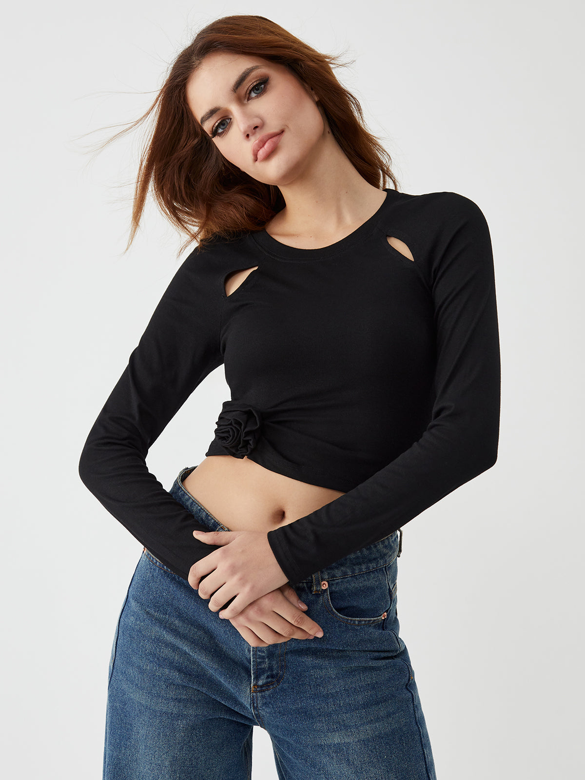 Solid Cut Out Long Sleeve Top