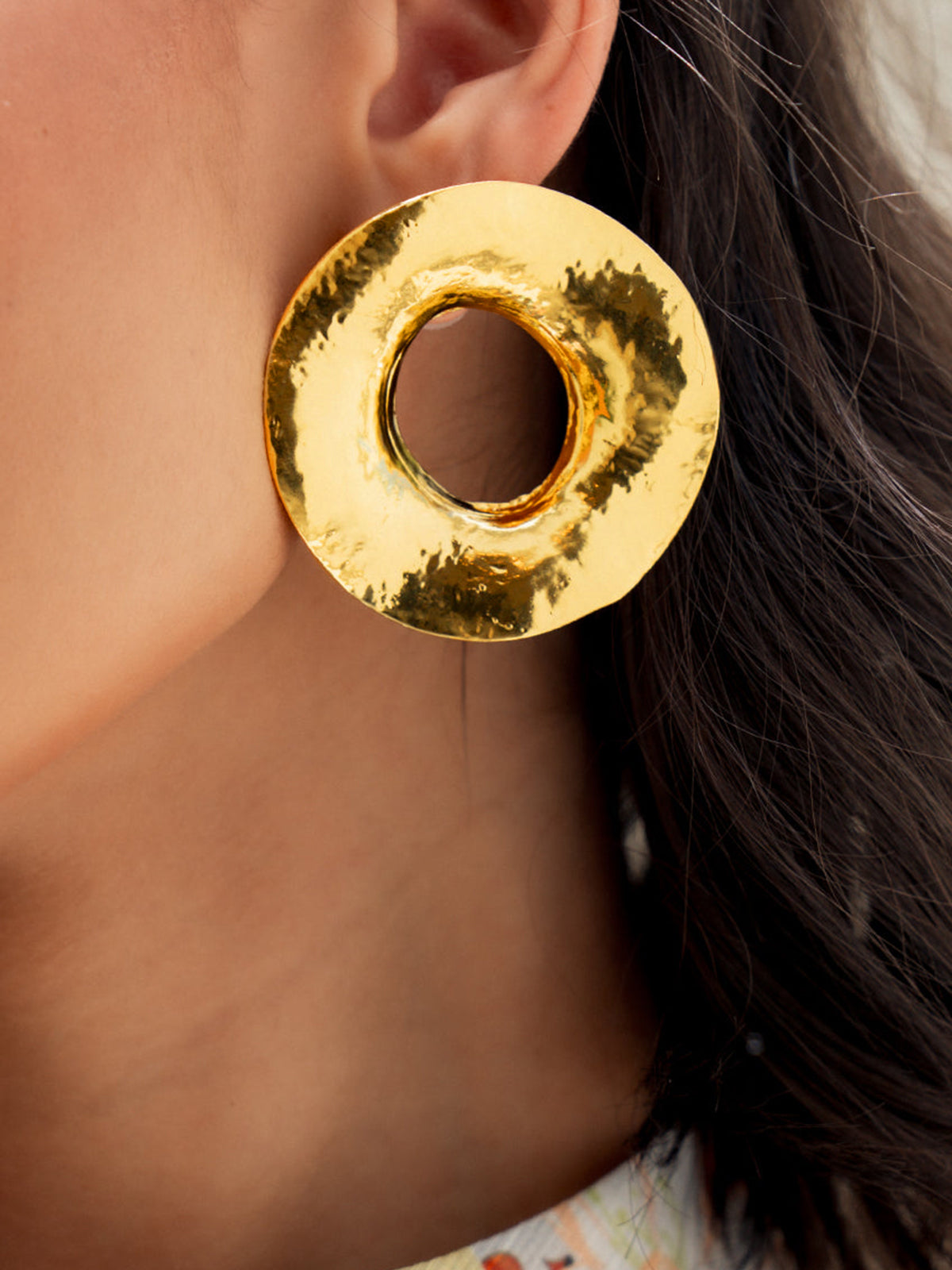 Gold Textured Metal Round Stud Earrings