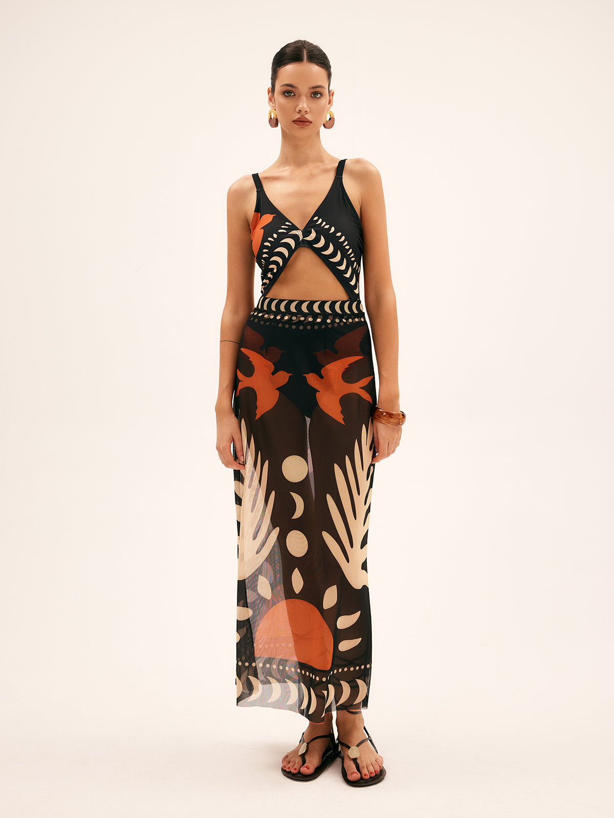 Bird Print Mesh Cover Up Maxi Skirt