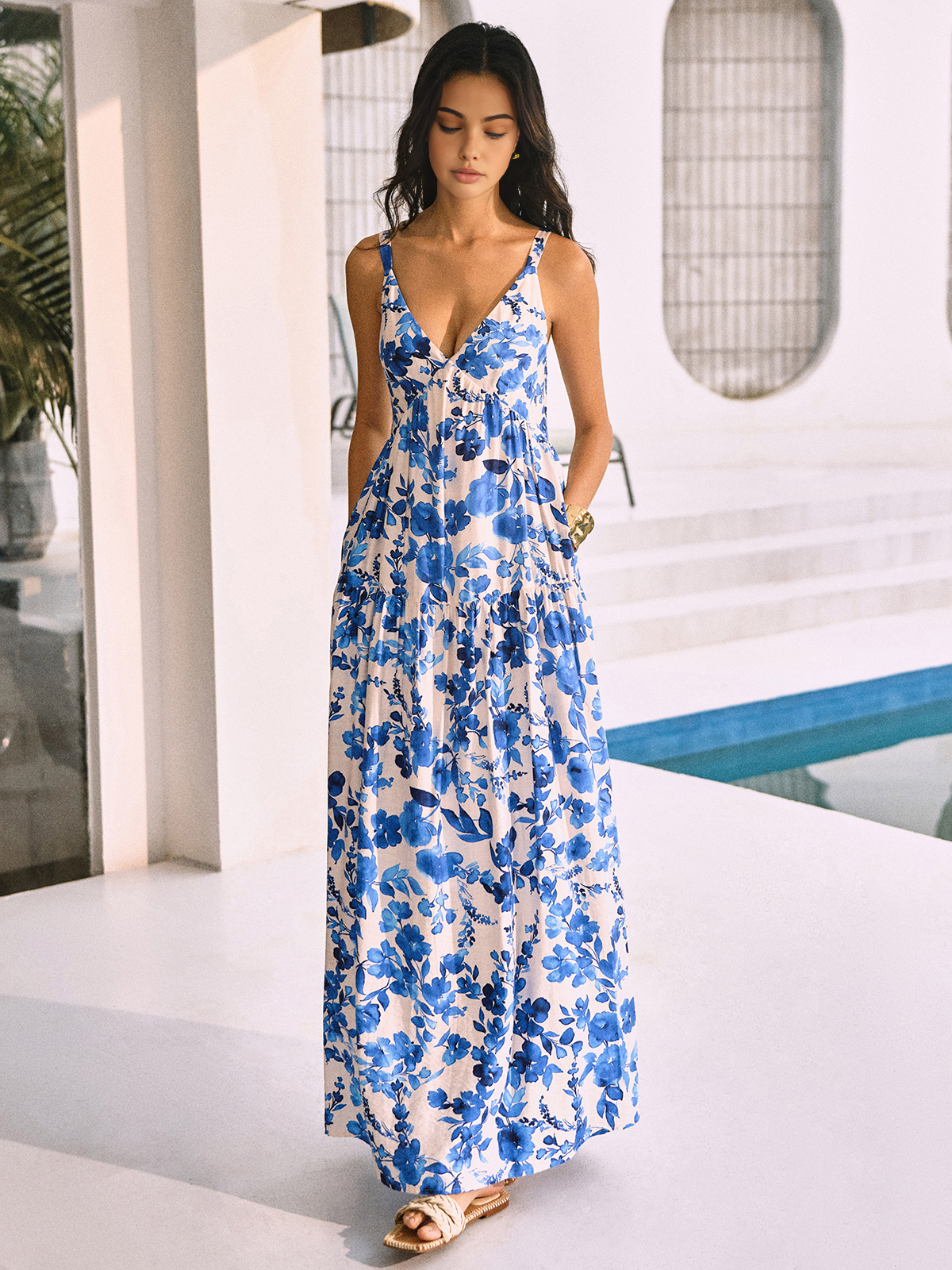 Boho Blooming Floral Print Pocket Cami Long Dress