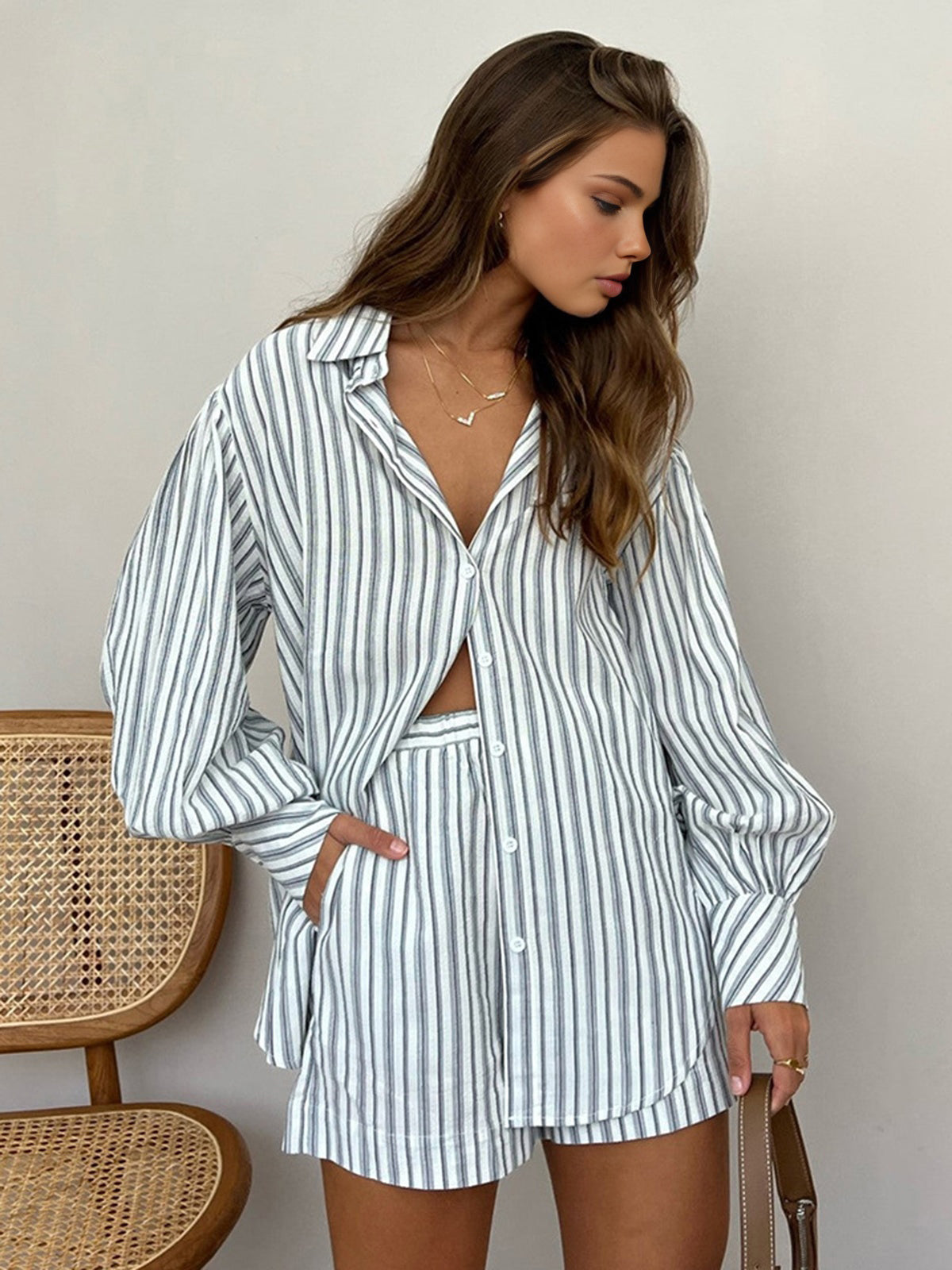 Oversized Striped Pockets Casual Shorts Set