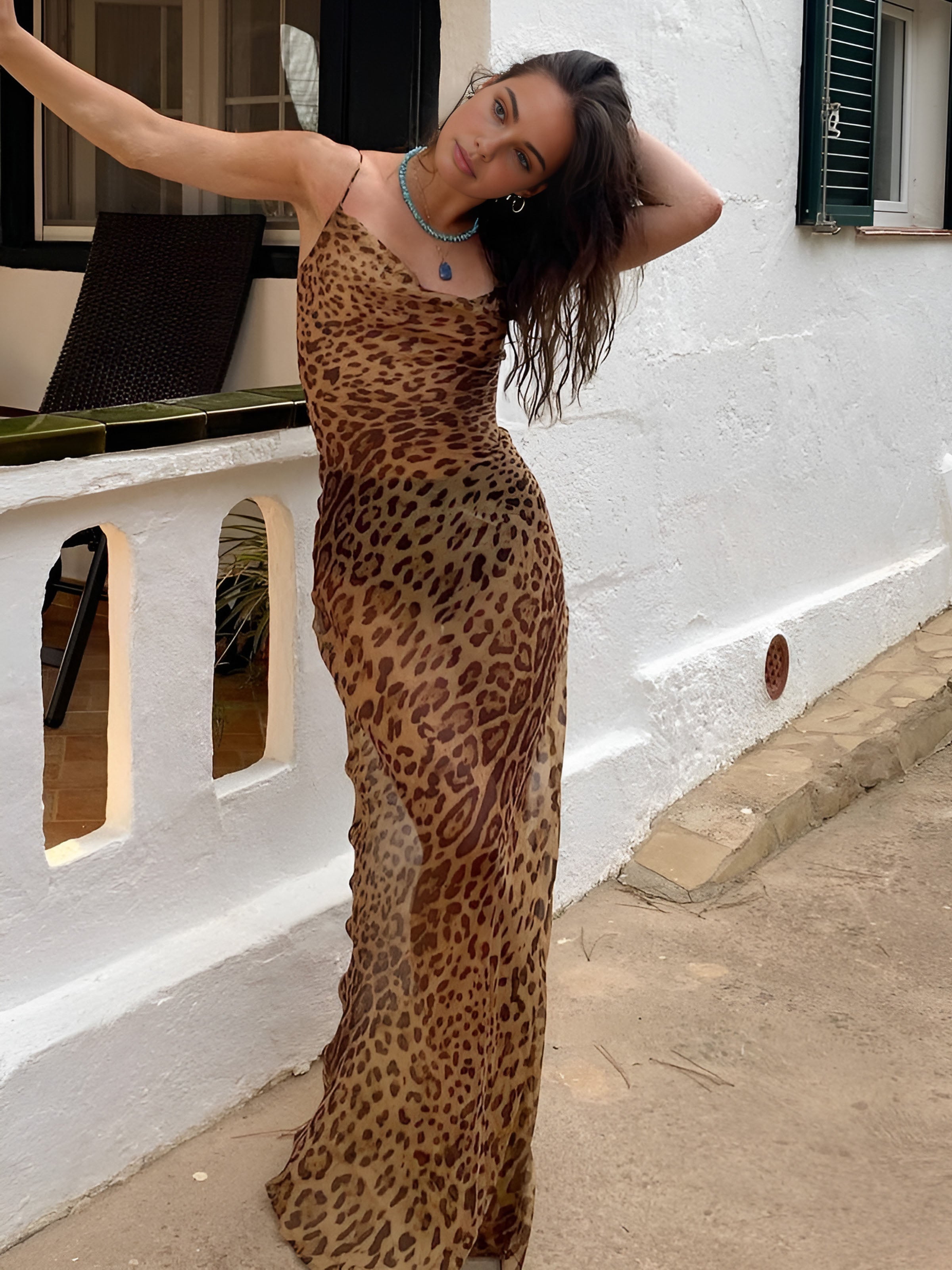 Chiffon Leopard Print Cami Long Dress