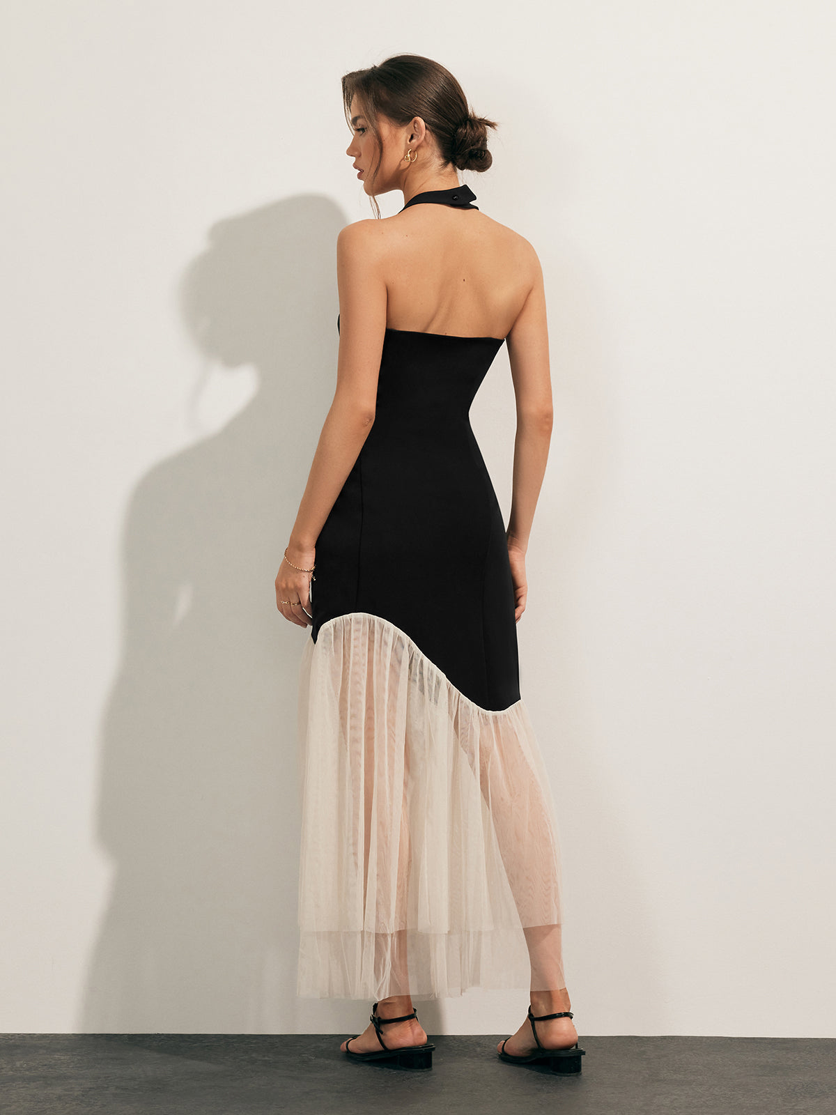 Tulle-Hem Slim Halter Long Dress