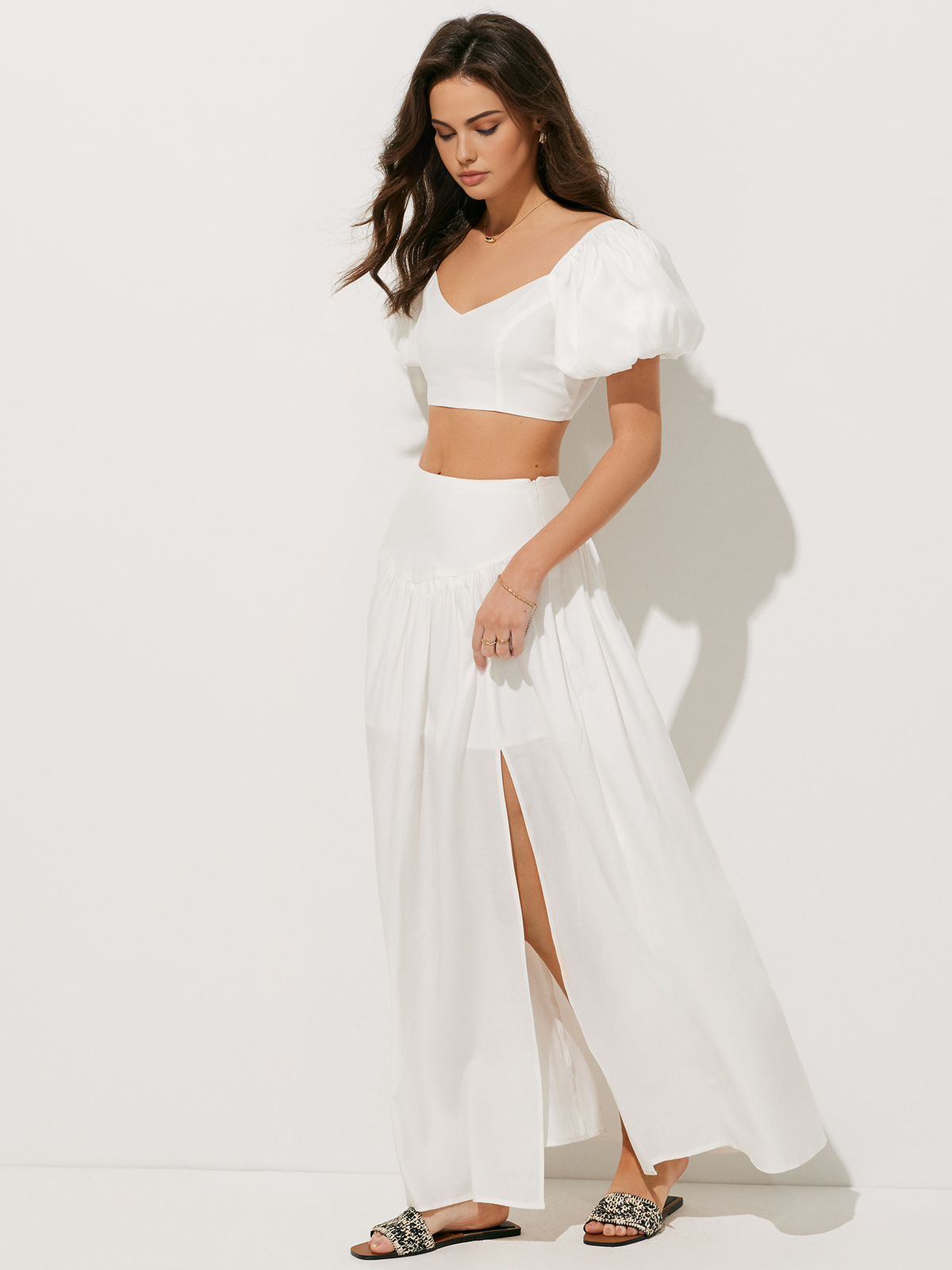 Puff Sleeve Crop Top With Split Thigh Skirt Set