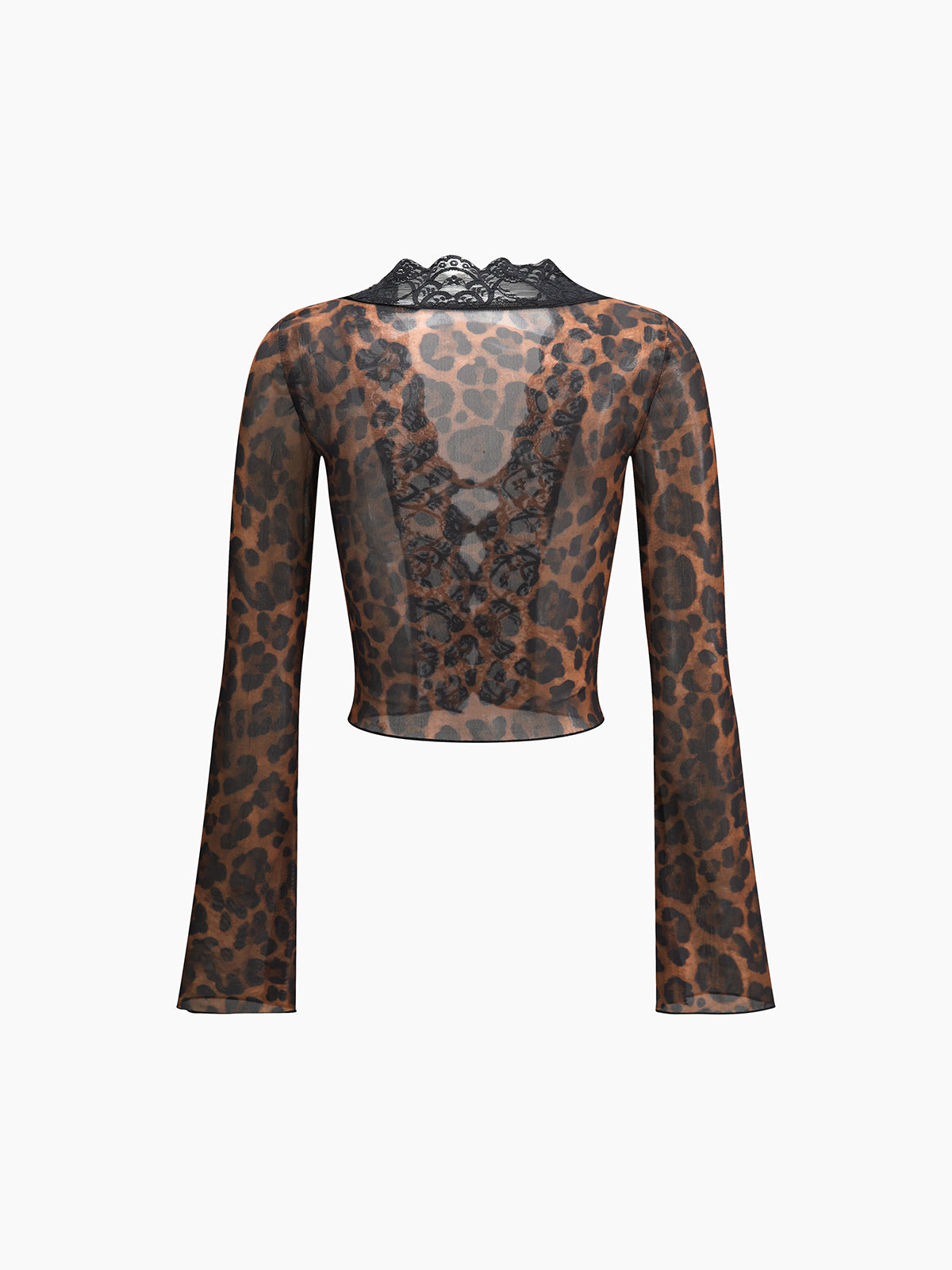 Leopard Print Long Sleeve Lace Trim Blouse