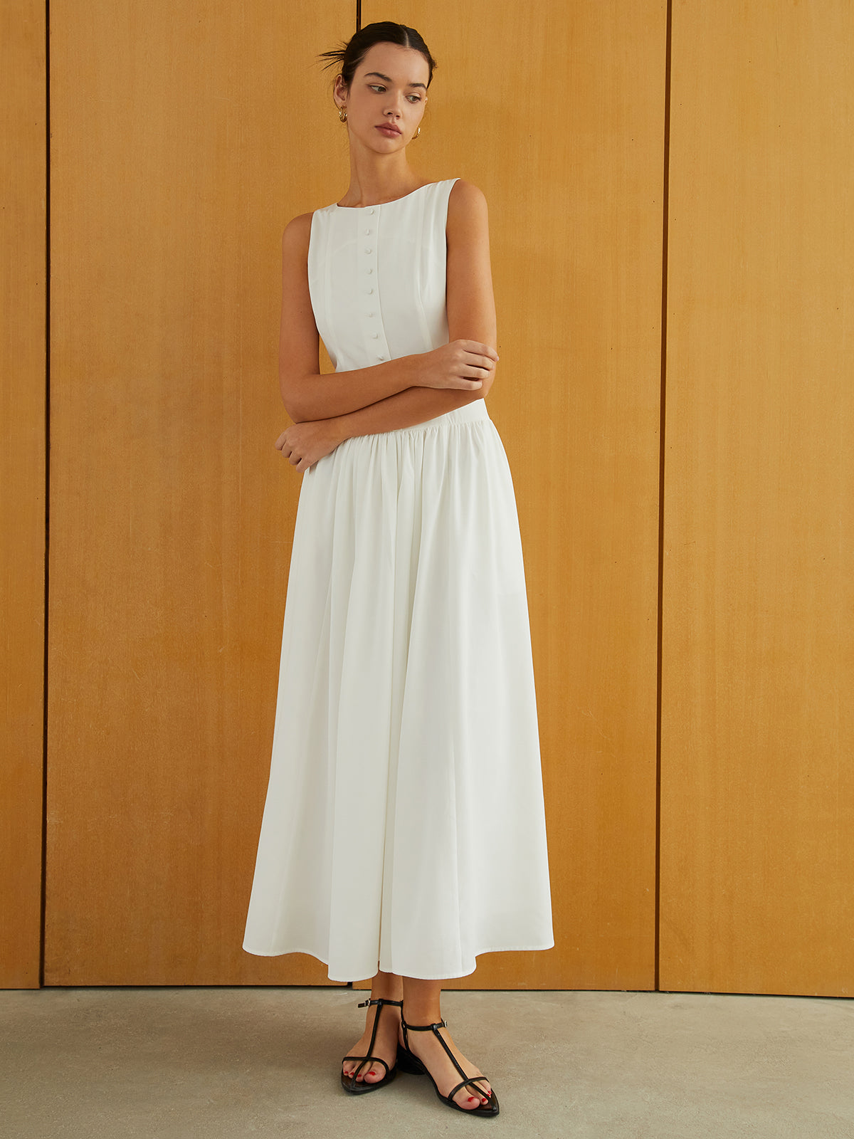 Button-Front Sleeveless Pockets Long Dress