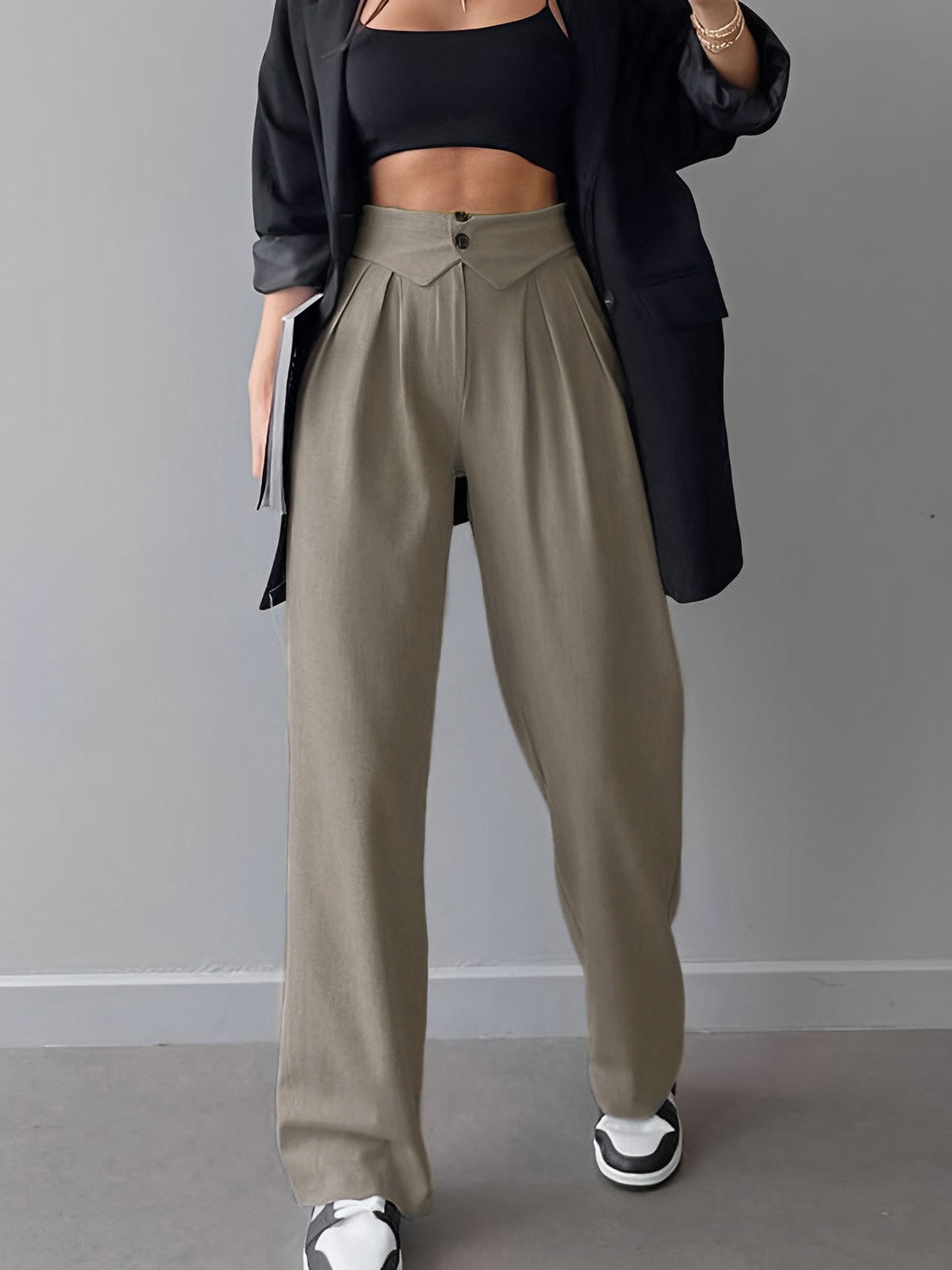 Street Fold Over Waistband Straight Leg Dress Pants