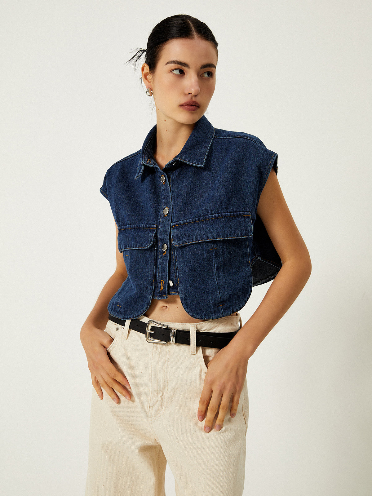 Denim Pockets Turn Down Collar Vest