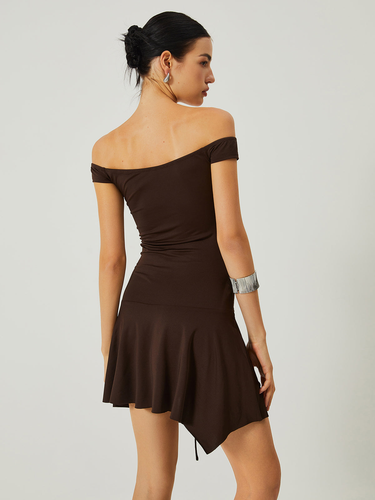 Casual Off-Shoulder Ruched Ruffle Hem Dress