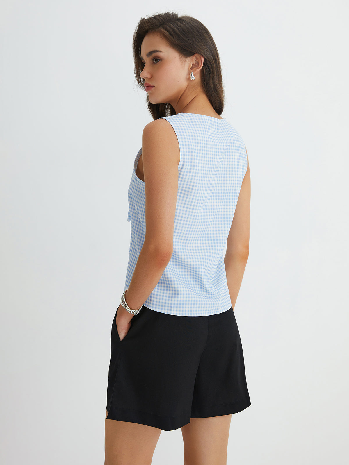 Blue Gingham Tie Front Top