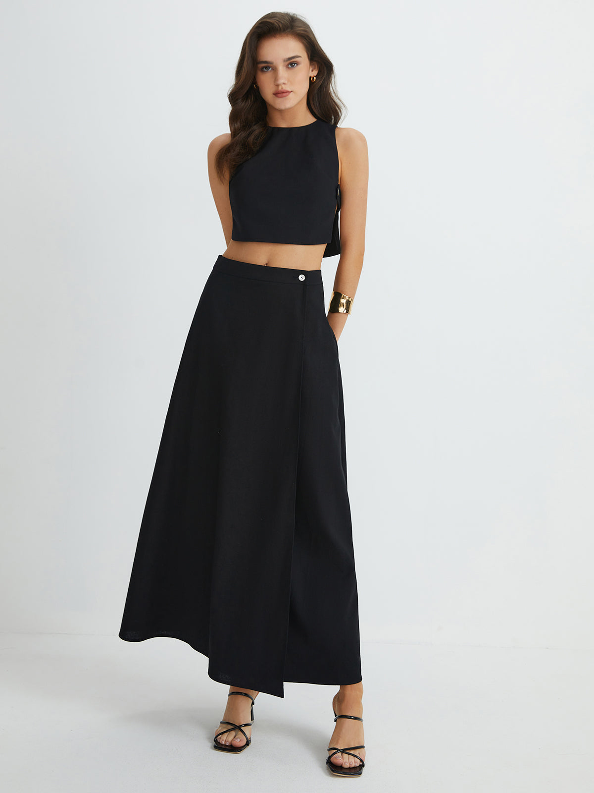 Plain Button Detail Top With Split Maxi Skirt Set