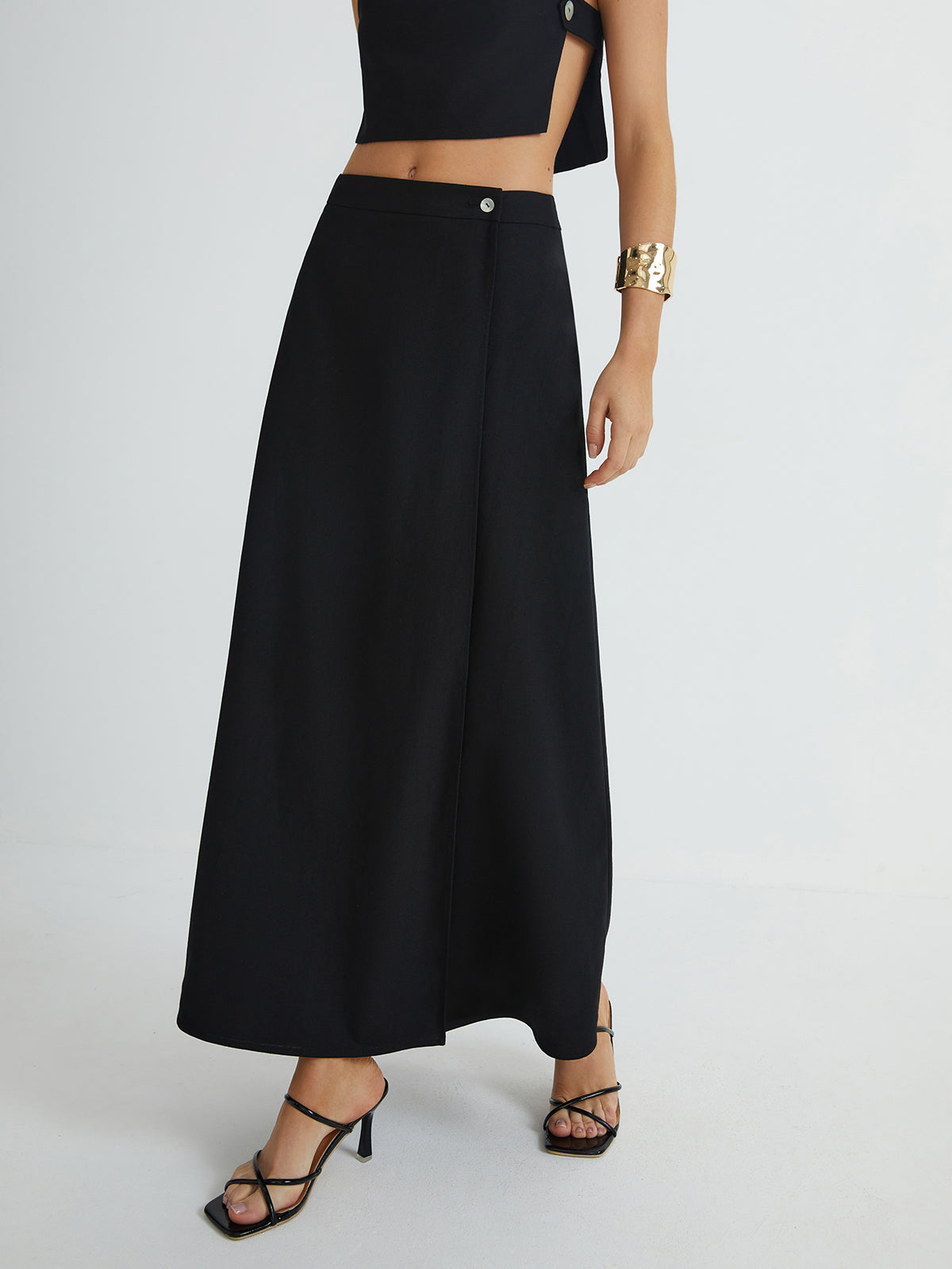 Plain Button Detail Top With Split Maxi Skirt Set