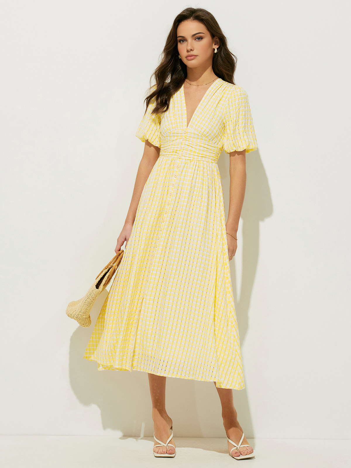 Plaid Pattern Puff Sleeve V-Neck Midi Dress