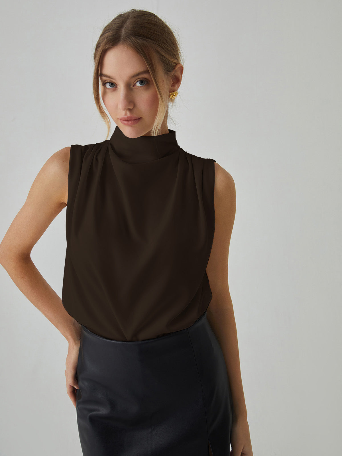 Pleated High Neck Sleeveless Blouse