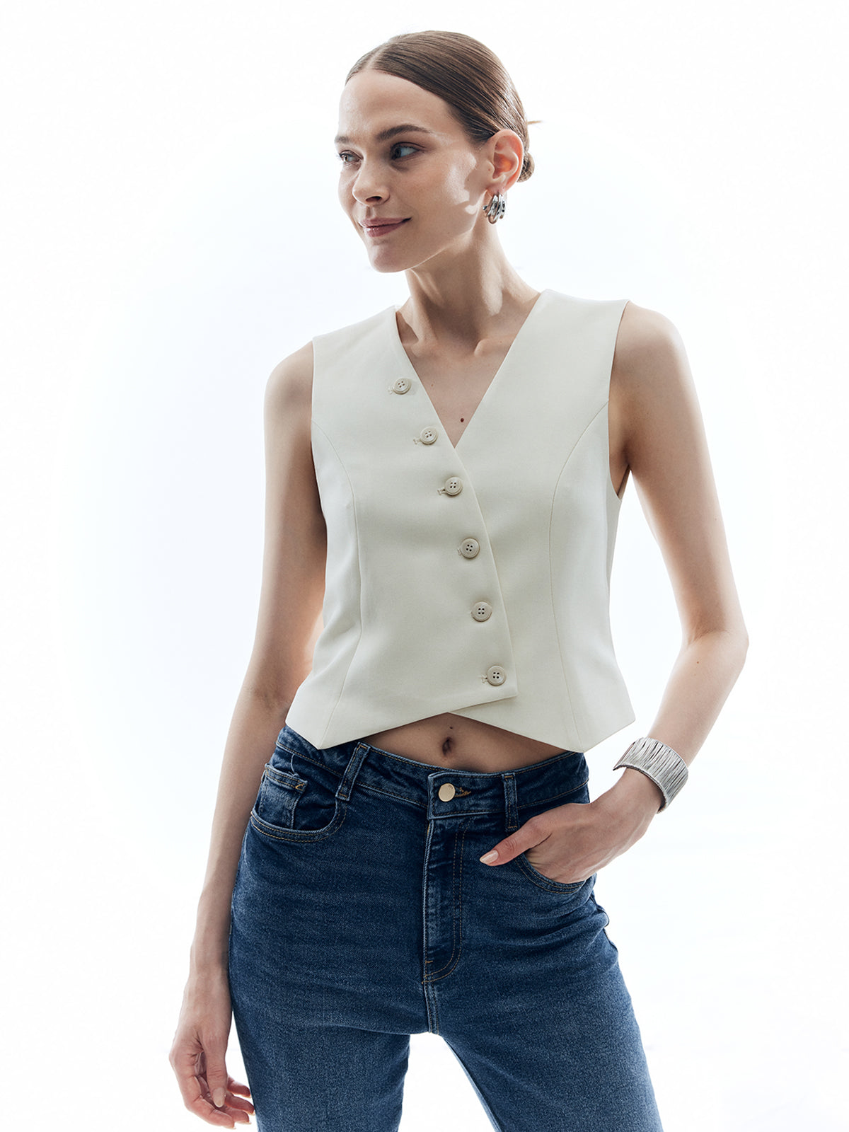 Button V-Neck Solid Vest