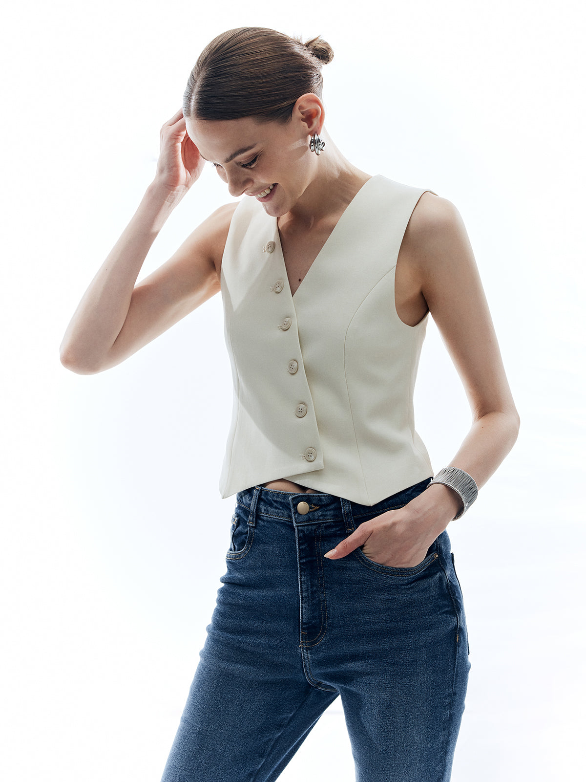 Button V-Neck Solid Vest