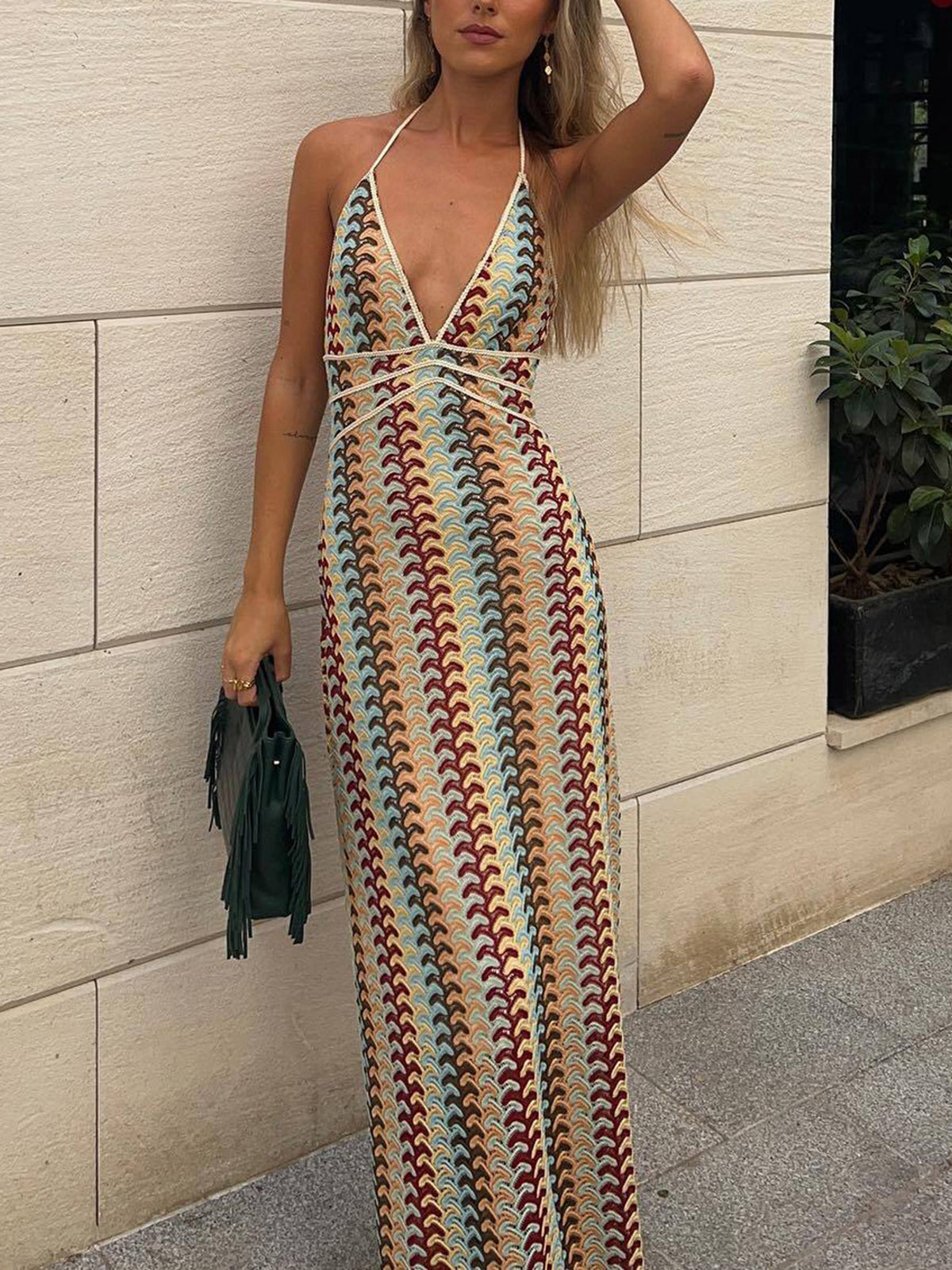 Lace Multi-Color Halter V-Neck Dress