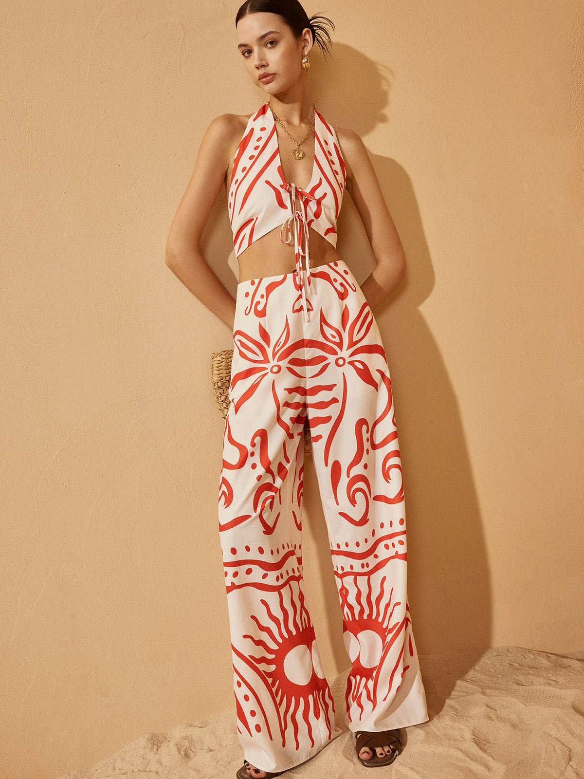 Backless Drawstring Print Pants Set