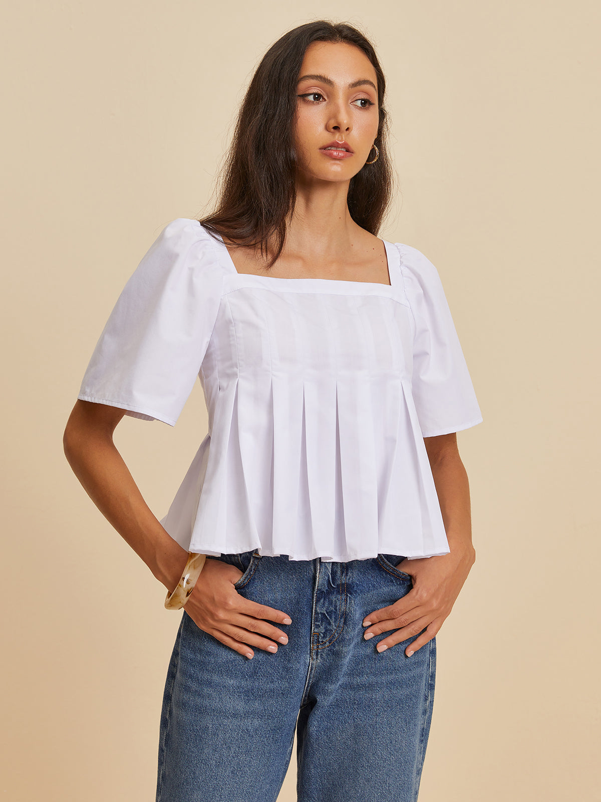 Pleated Crew Neck Blouse