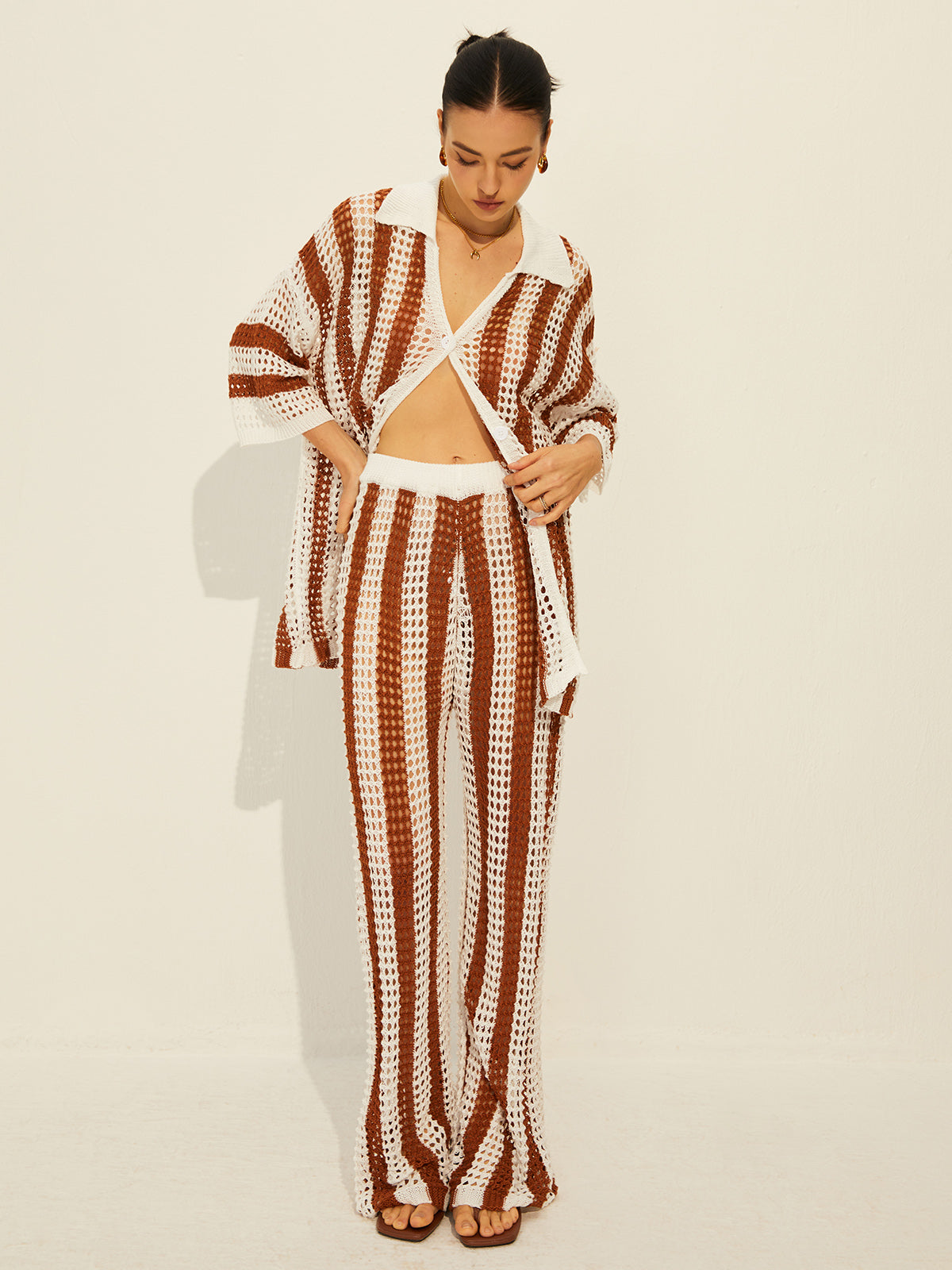 Stripe Polo Knit Pants Set